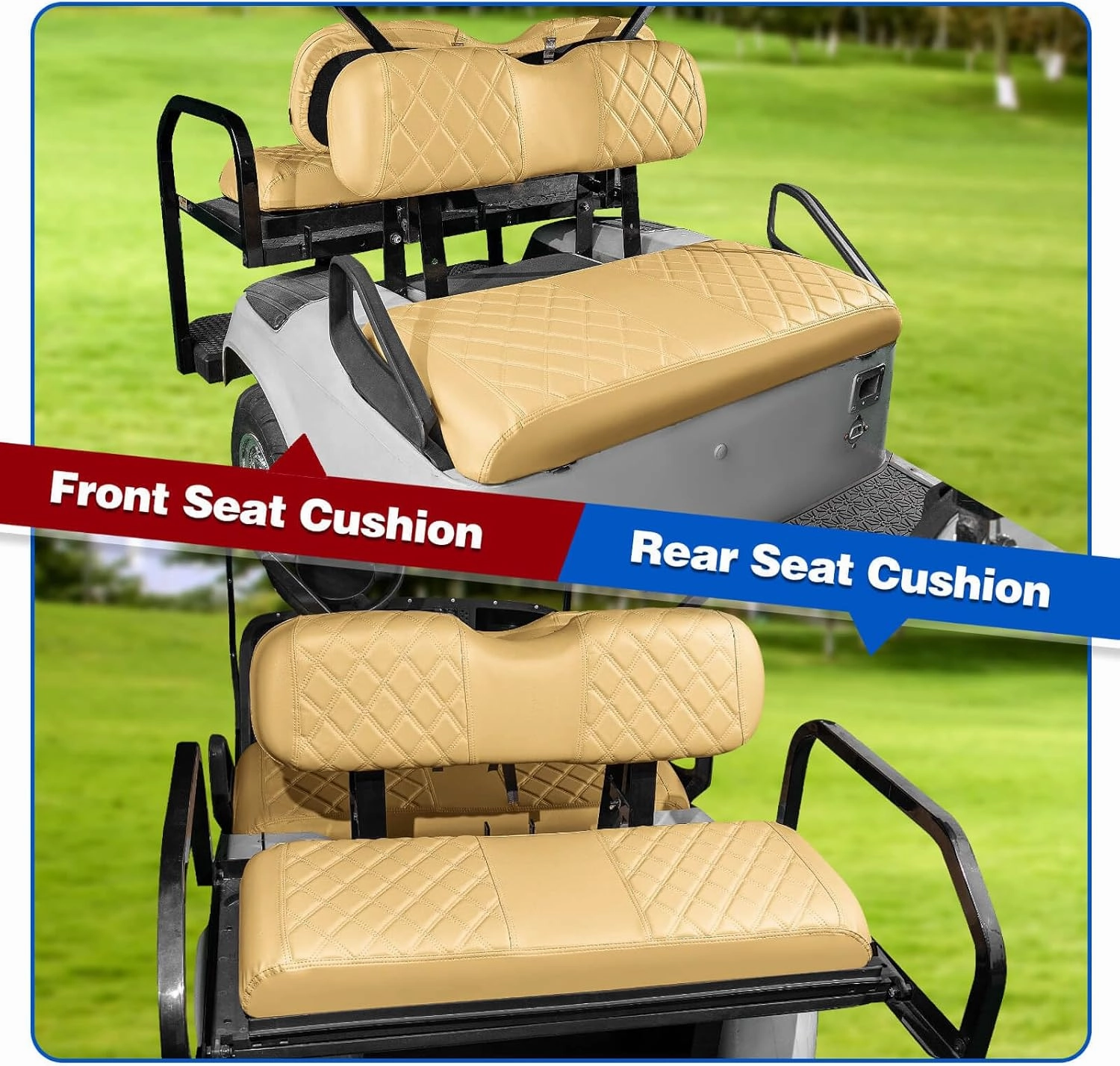 NOKINS 4PCS Golf Cart Diamond Seat Covers Kit, Front&Rear Seat Covers Fits EZGO TXT 1994-2013/EZGO RXV Standard Seat Cushion, EZGO Vinyl Seat Cover Accessories, No Staples (Beige)