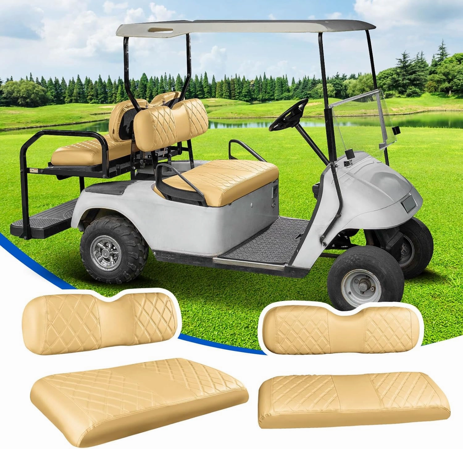 NOKINS 4PCS Golf Cart Diamond Seat Covers Kit, Front&Rear Seat Covers Fits EZGO TXT 1994-2013/EZGO RXV Standard Seat Cushion, EZGO Vinyl Seat Cover Accessories, No Staples (Beige) vinyl accessories,turntable parts,record player tools,