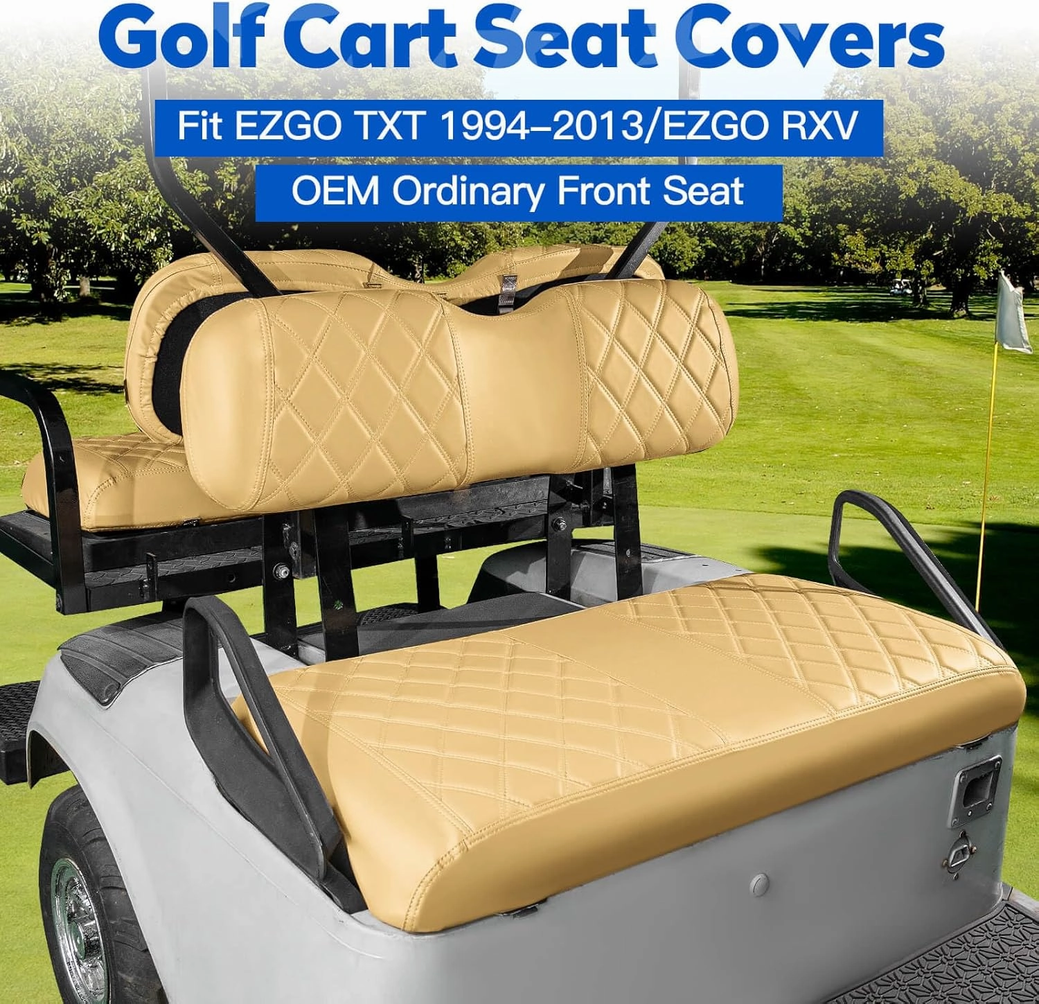 NOKINS 4PCS Golf Cart Diamond Seat Covers Kit, Front&Rear Seat Covers Fits EZGO TXT 1994-2013/EZGO RXV Standard Seat Cushion, EZGO Vinyl Seat Cover Accessories, No Staples (Beige)