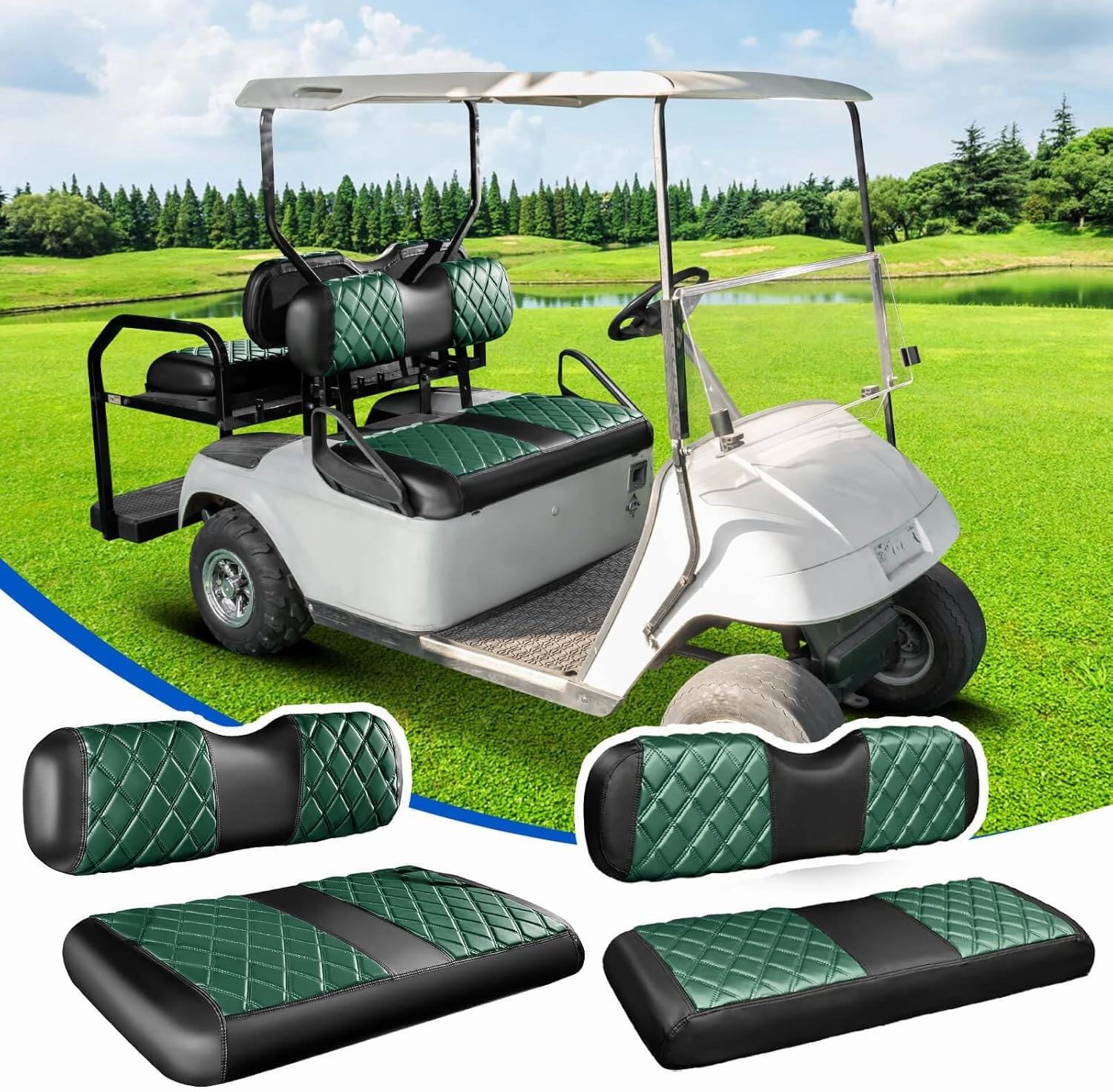 NOKINS 4PCS Golf Cart Diamond Seat Covers Kit, Front&Rear Seat Covers Fits EZGO TXT 1994-2013/EZGO RXV Standard Seat Cushion, EZGO Vinyl Seat Cover Accessories, No Staples (Dark Green&Black) vinyl accessories,turntable parts,record player tools,