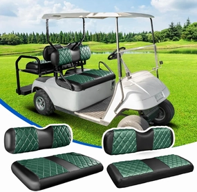 NOKINS 4PCS Golf Cart Diamond Seat Covers Kit, Front&Rear Seat Covers Fits EZGO TXT 1994-2013/EZGO RXV Standard Seat Cushion, EZGO Vinyl Seat Cover Accessories, No Staples (Dark Green&Black) vinyl accessories,turntable parts,record player tools,