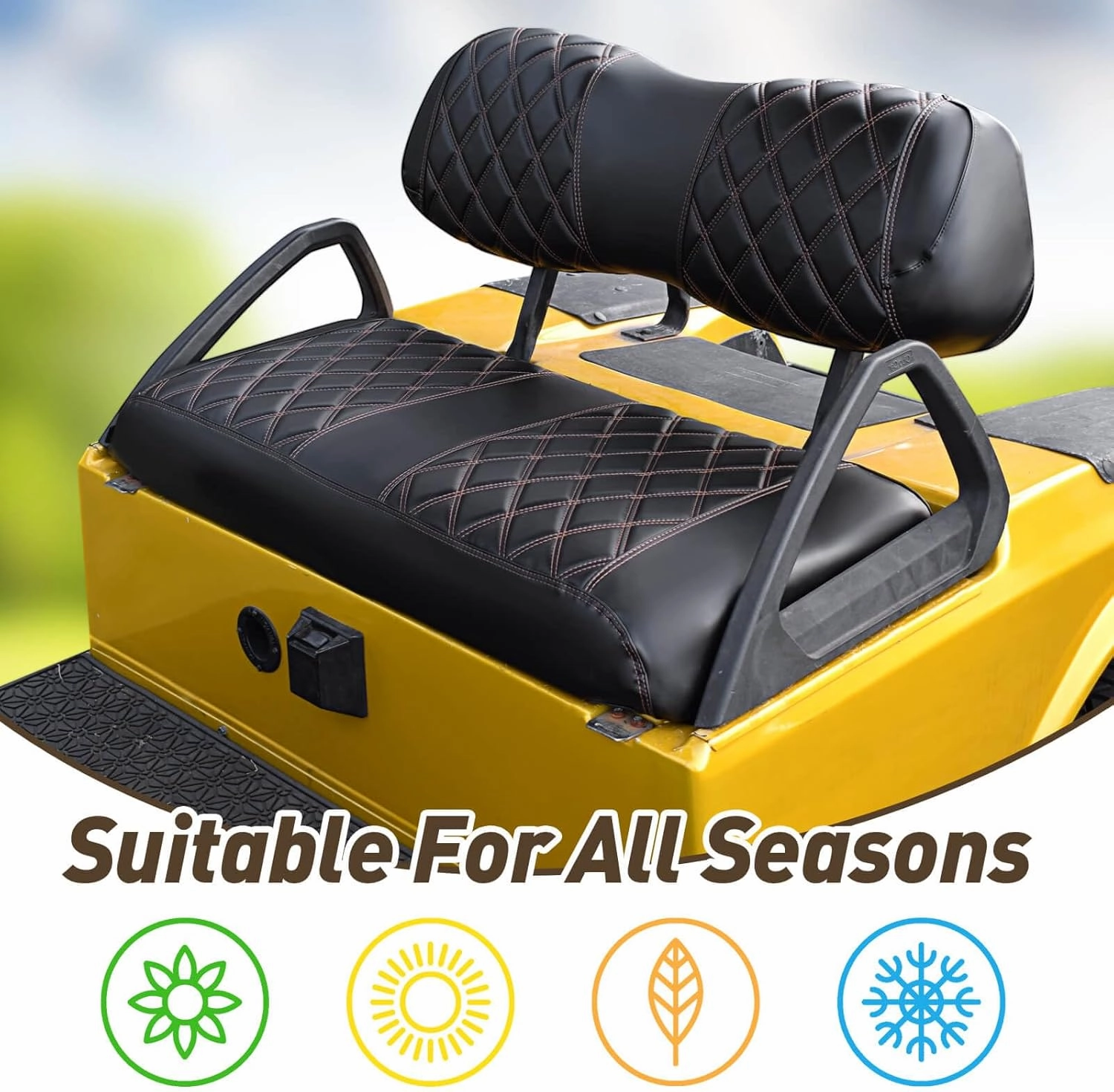 NOKINS Golf Cart Club Car DS 2000.5-Up Diamond Seat Covers Kit, Fits Club Car DS OEM Standard Front Seat Cushion, Golf Cart Vinyl Seat Cover, No Nails Required (Black and Brown Stitching)