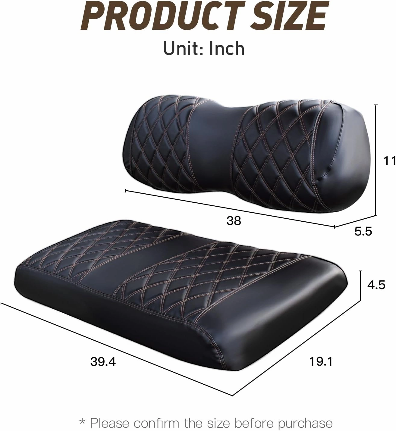 NOKINS Golf Cart Club Car DS 2000.5-Up Diamond Seat Covers Kit, Fits Club Car DS OEM Standard Front Seat Cushion, Golf Cart Vinyl Seat Cover, No Nails Required (Black and Brown Stitching)