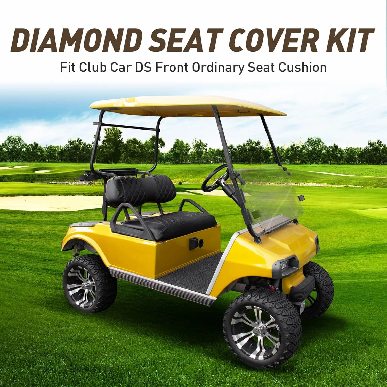 NOKINS Golf Cart Club Car DS 2000.5-Up Diamond Seat Covers Kit, Fits Club Car DS OEM Standard Front Seat Cushion, Golf Cart Vinyl Seat Cover, No Nails Required (Black and Brown Stitching)