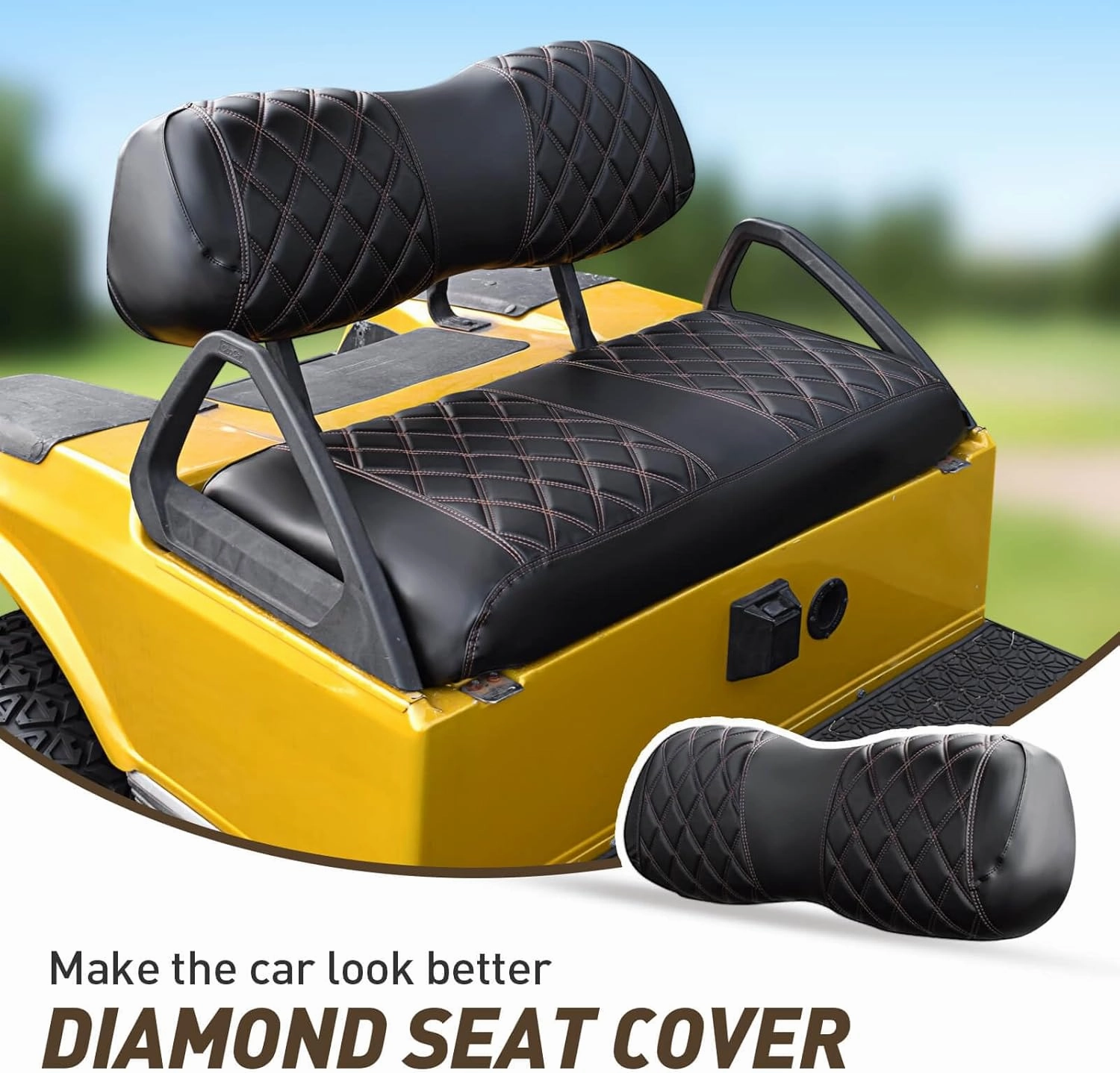 NOKINS Golf Cart Club Car DS 2000.5-Up Diamond Seat Covers Kit, Fits Club Car DS OEM Standard Front Seat Cushion, Golf Cart Vinyl Seat Cover, No Nails Required (Black and Brown Stitching)