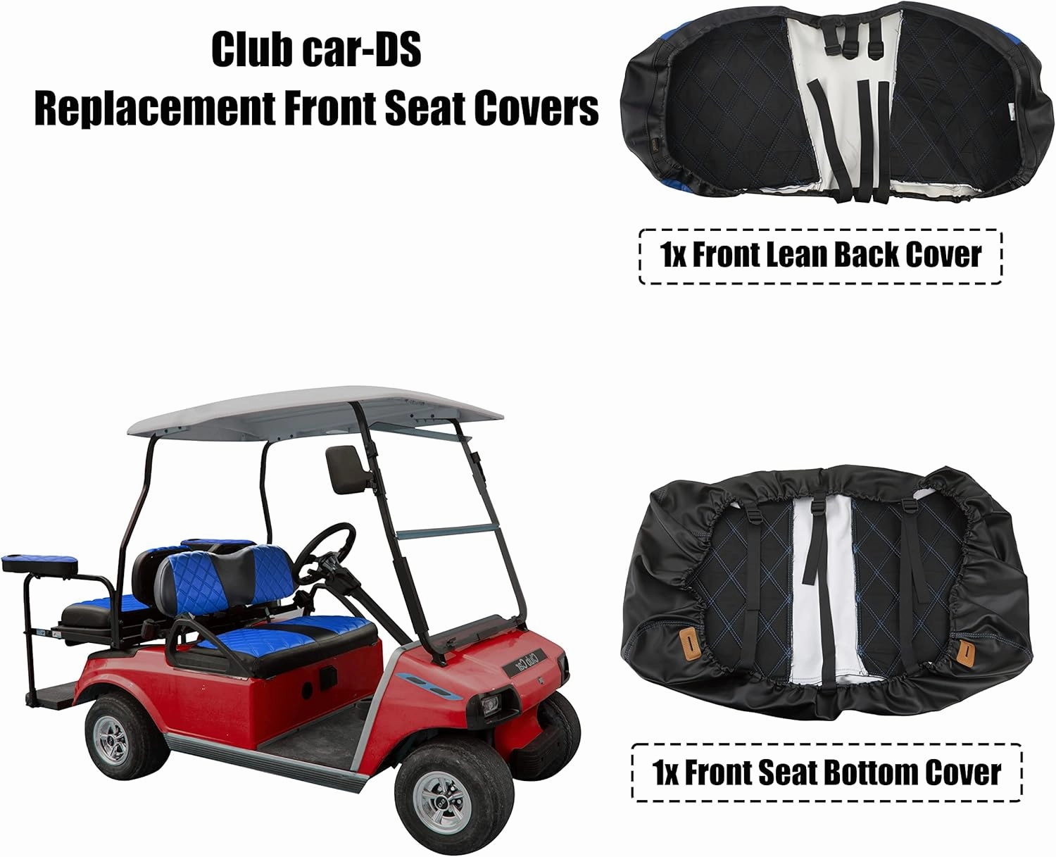 NOKINS Golf Cart Club Car DS 2000.5-Up Diamond Seat Covers Kit, Fits Club Car DS OEM Standard Front Seat Cushion, Golf Cart Vinyl Seat Cover, No Nails Required (Blue and Black)