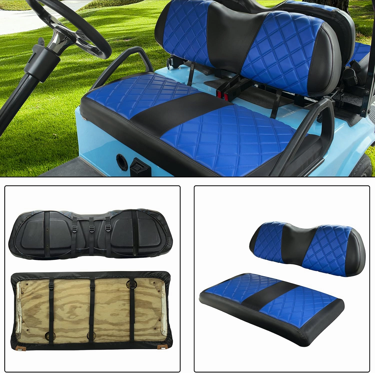 NOKINS Golf Cart Club Car DS 2000.5-Up Diamond Seat Covers Kit, Fits Club Car DS OEM Standard Front Seat Cushion, Golf Cart Vinyl Seat Cover, No Nails Required (Blue and Black)