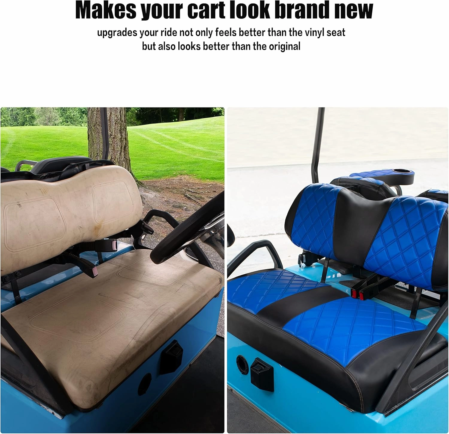 NOKINS Golf Cart Club Car DS 2000.5-Up Diamond Seat Covers Kit, Fits Club Car DS OEM Standard Front Seat Cushion, Golf Cart Vinyl Seat Cover, No Nails Required (Blue and Black)