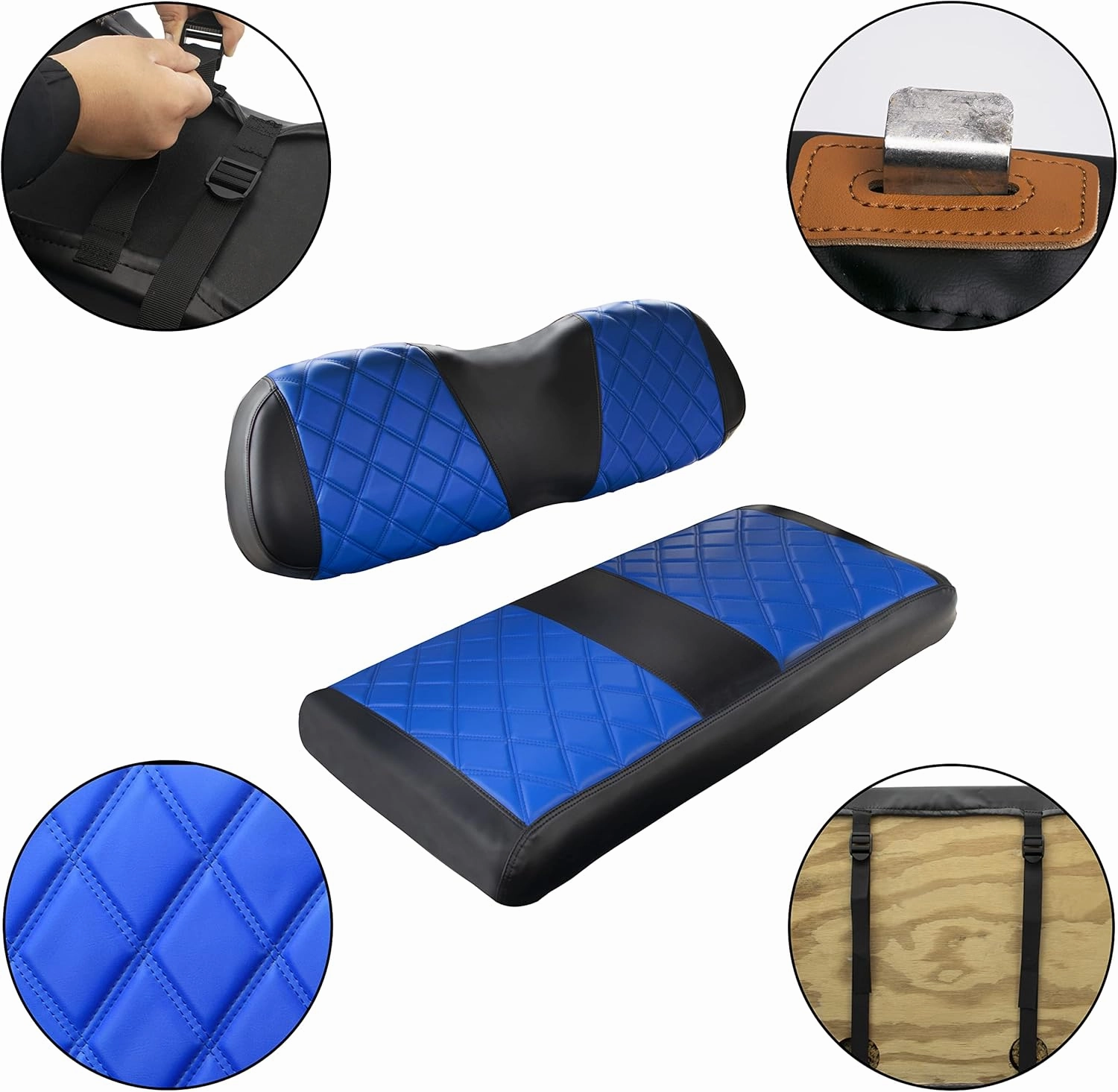 NOKINS Golf Cart Club Car DS 2000.5-Up Diamond Seat Covers Kit, Fits Club Car DS OEM Standard Front Seat Cushion, Golf Cart Vinyl Seat Cover, No Nails Required (Blue and Black)