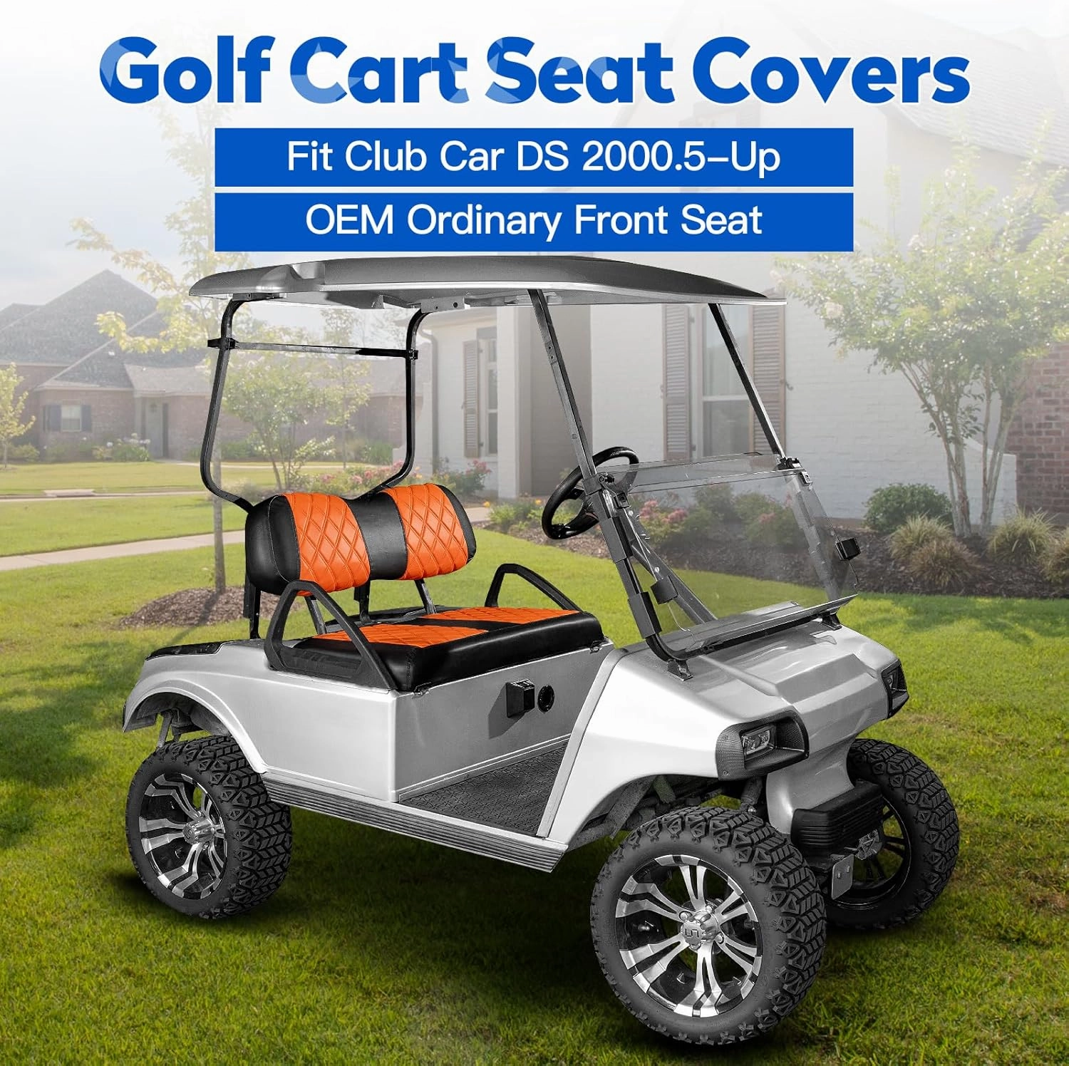NOKINS Golf Cart Club Car DS 2000.5-Up Diamond Seat Covers Kit, Fits Club Car DS OEM Standard Front Seat Cushion, Golf Cart Vinyl Seat Cover, No Nails Required(Orange and Black)