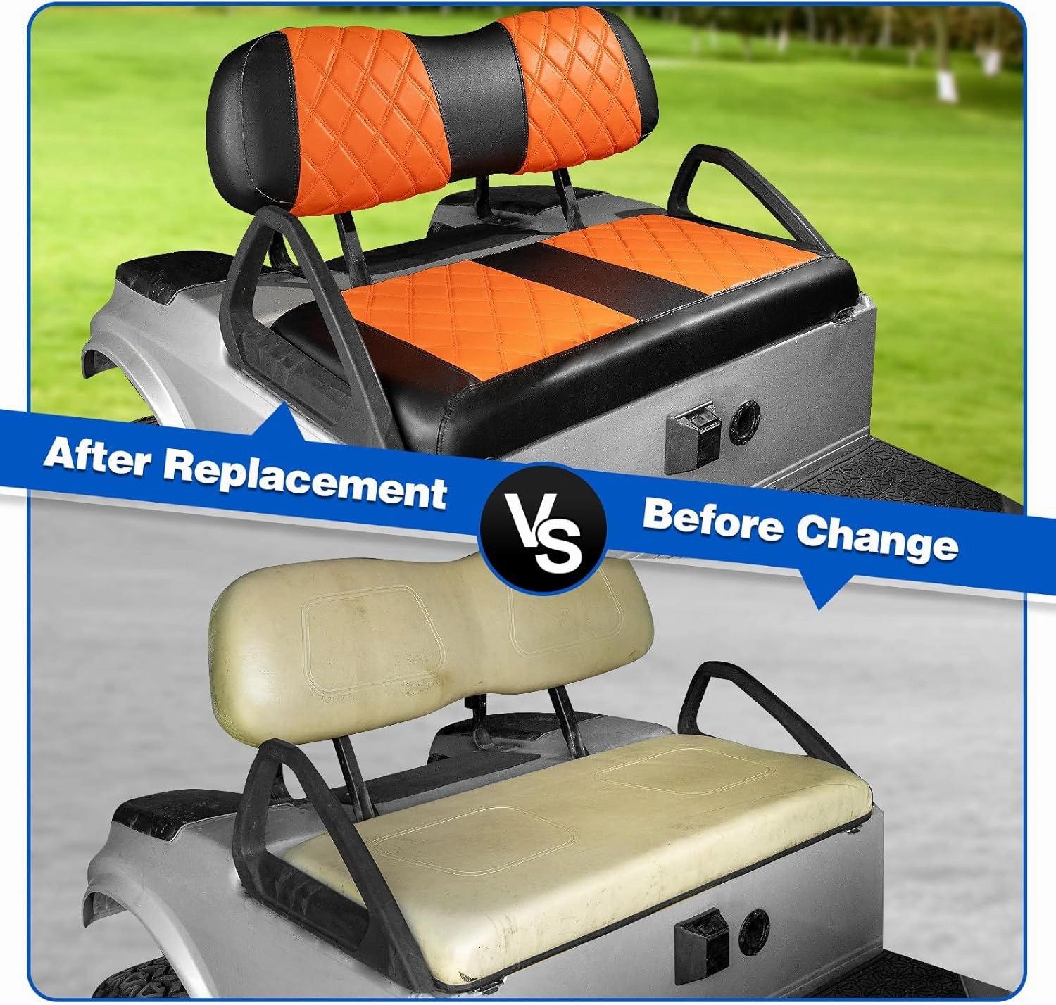 NOKINS Golf Cart Club Car DS 2000.5-Up Diamond Seat Covers Kit, Fits Club Car DS OEM Standard Front Seat Cushion, Golf Cart Vinyl Seat Cover, No Nails Required(Orange and Black)