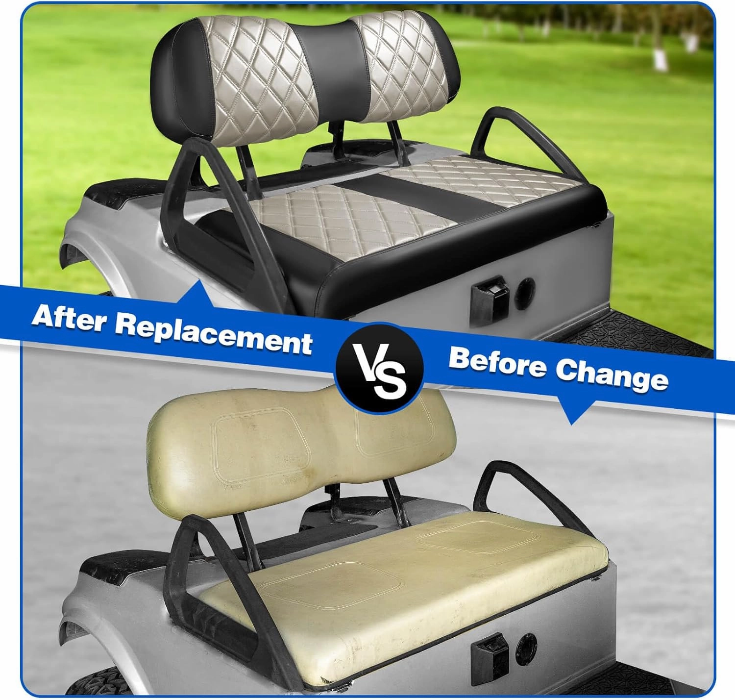 NOKINS Golf Cart Club Car DS 2000.5-Up Diamond Seat Covers Kit, Fits Club Car DS OEM Standard Front Seat Cushion, Golf Cart Vinyl Seat Cover, No Nails Required (Oyster Gray and Black)