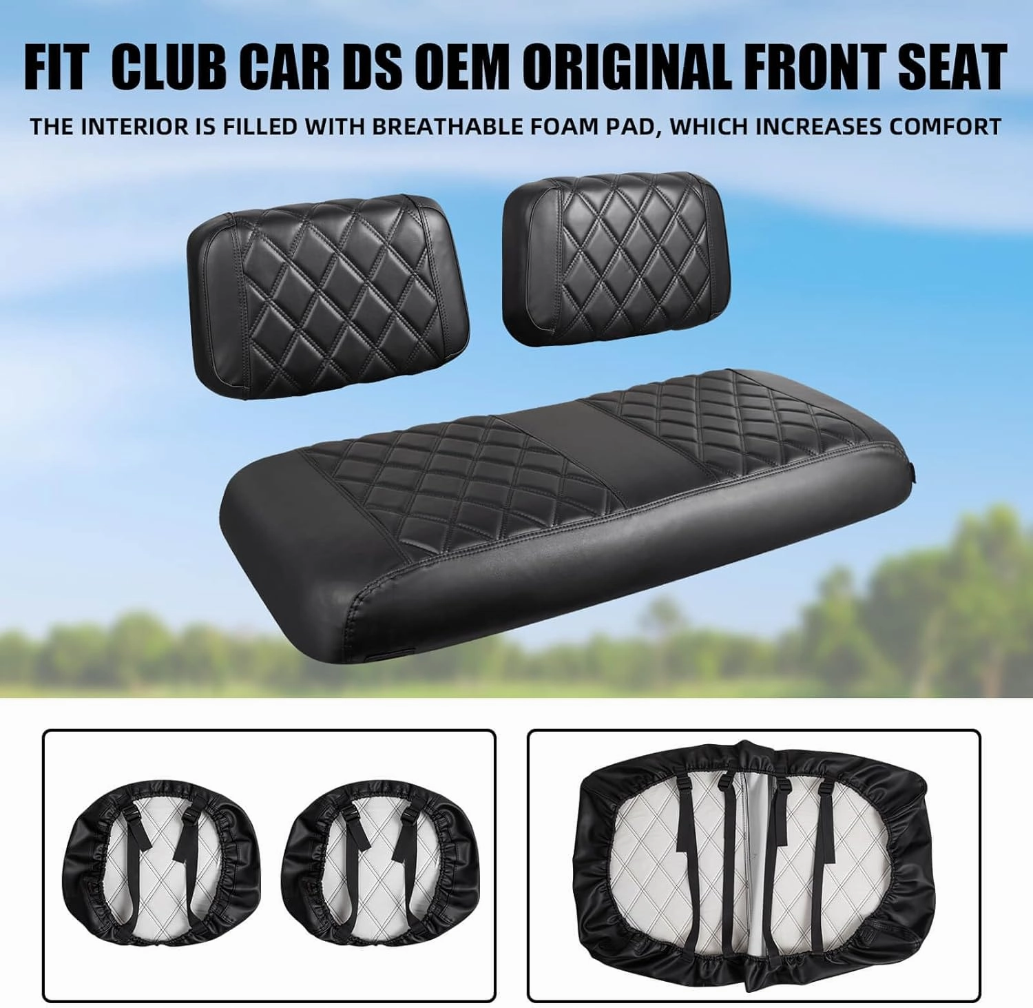 NOKINS Golf Cart Seat Covers Fit Club Car DS Pre-2000 OEM Ordinary Seats Only,Golf Cart Leather Diamond Replacement Front Seat Cover No Stapler Required/Anti-Fading/Anti-Scratch