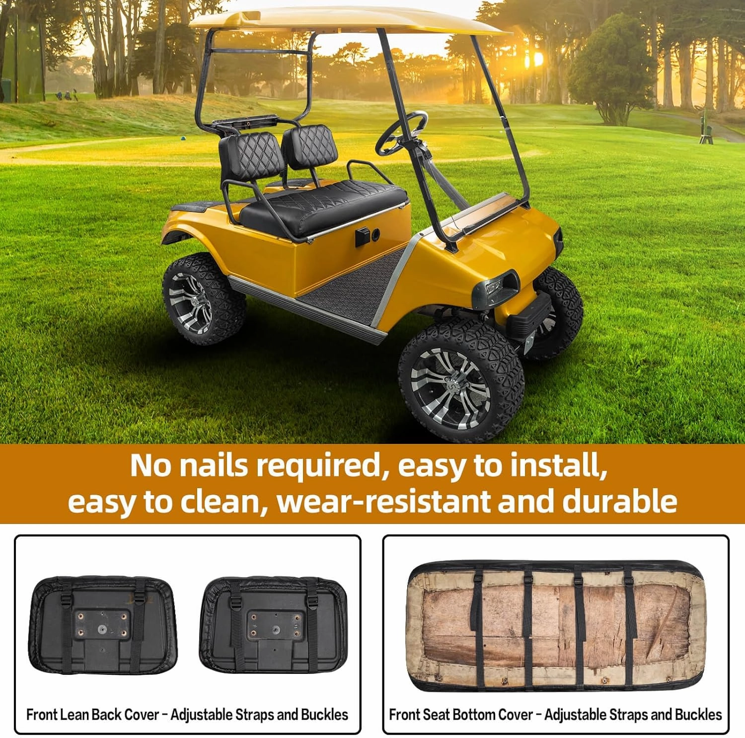 NOKINS Golf Cart Seat Covers Fit Club Car DS Pre-2000 OEM Ordinary Seats Only,Golf Cart Leather Diamond Replacement Front Seat Cover No Stapler Required/Anti-Fading/Anti-Scratch