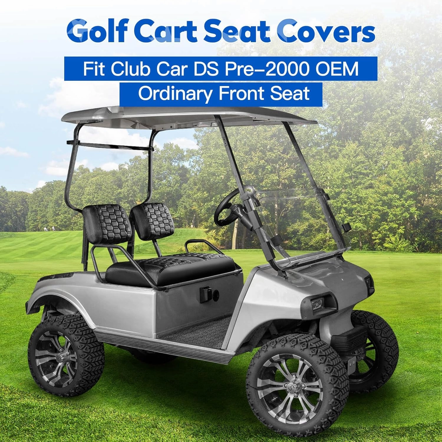 NOKINS Golf Cart Seat Covers, Fit for Club Car DS Pre-2000 OEM Standard Front Seat Cushions, Golf Cart Accessories Vinyl Diamond Front Seat Covers, No Stapler(Carbon Fiber Black&Black)