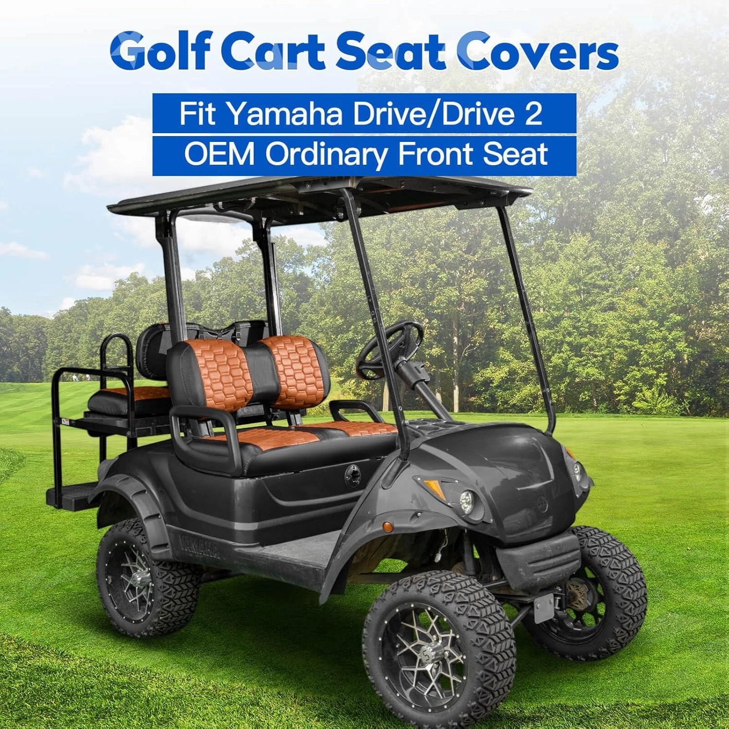 NOKINS Golf Cart Seat Covers, Fit for YAMAHA/G29/Drive2 OEM Standard Front Seat Cushion, Yamaha Accessories Vinyl Seat Covers, No Nails Required (Carbon Fiber Dark Brown&Black)
