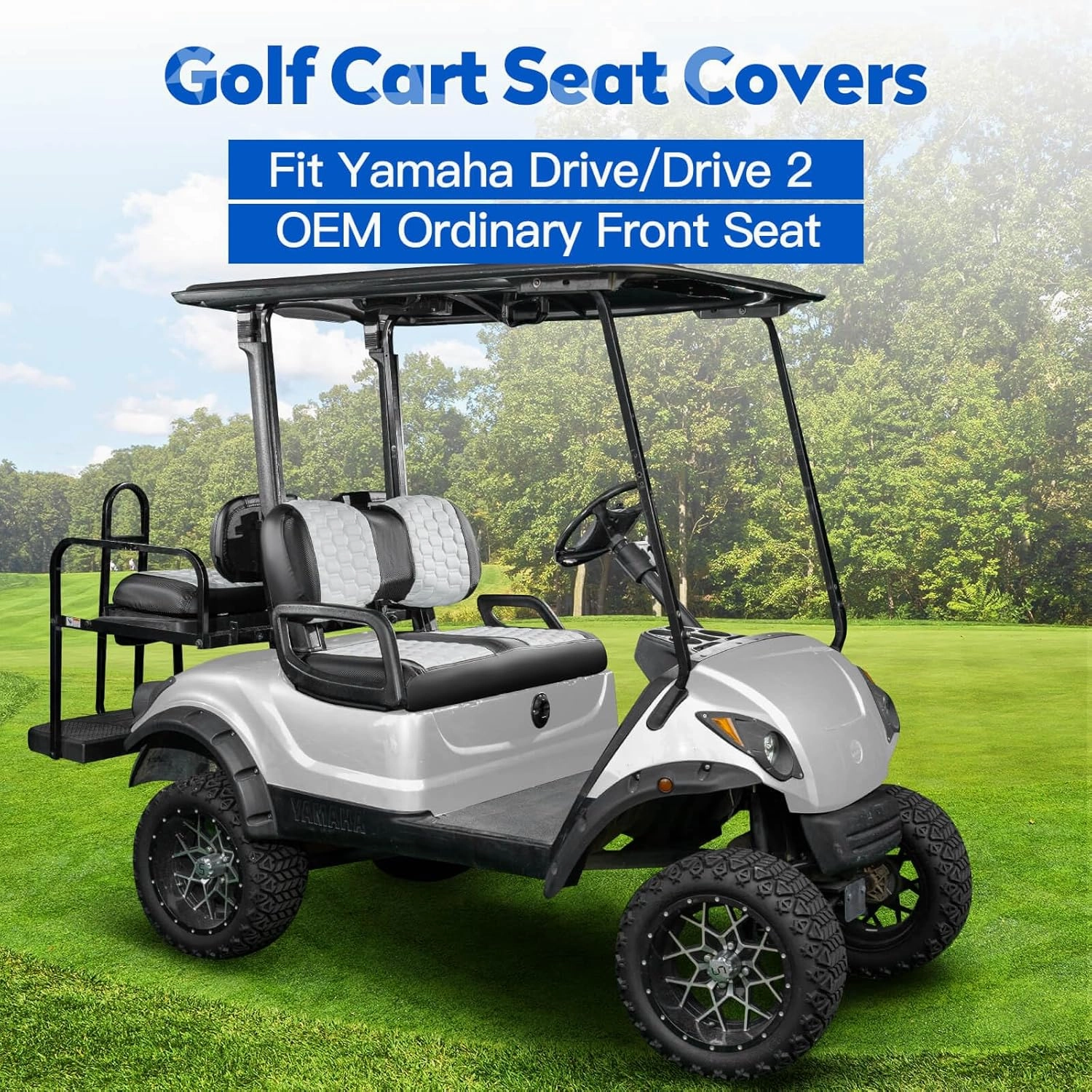NOKINS Golf Cart Seat Covers, Fit for YAMAHA/G29/Drive2 OEM Standard Front Seat Cushion, Yamaha Accessories Vinyl Seat Covers, No Nails Required (Carbon Fiber White and Black)