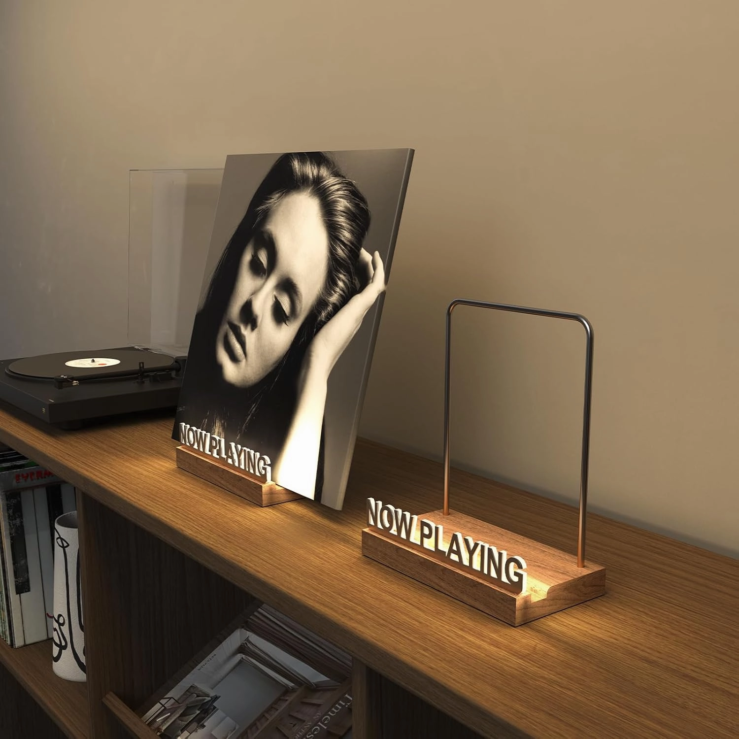 Now Playing Vinyl Record Stand, Light Up Vinyl Record Display Stand, Holder for Album Display Storage, Warm White Light with Fingerprint-Proof Acrylic Letters (Silver letters)
