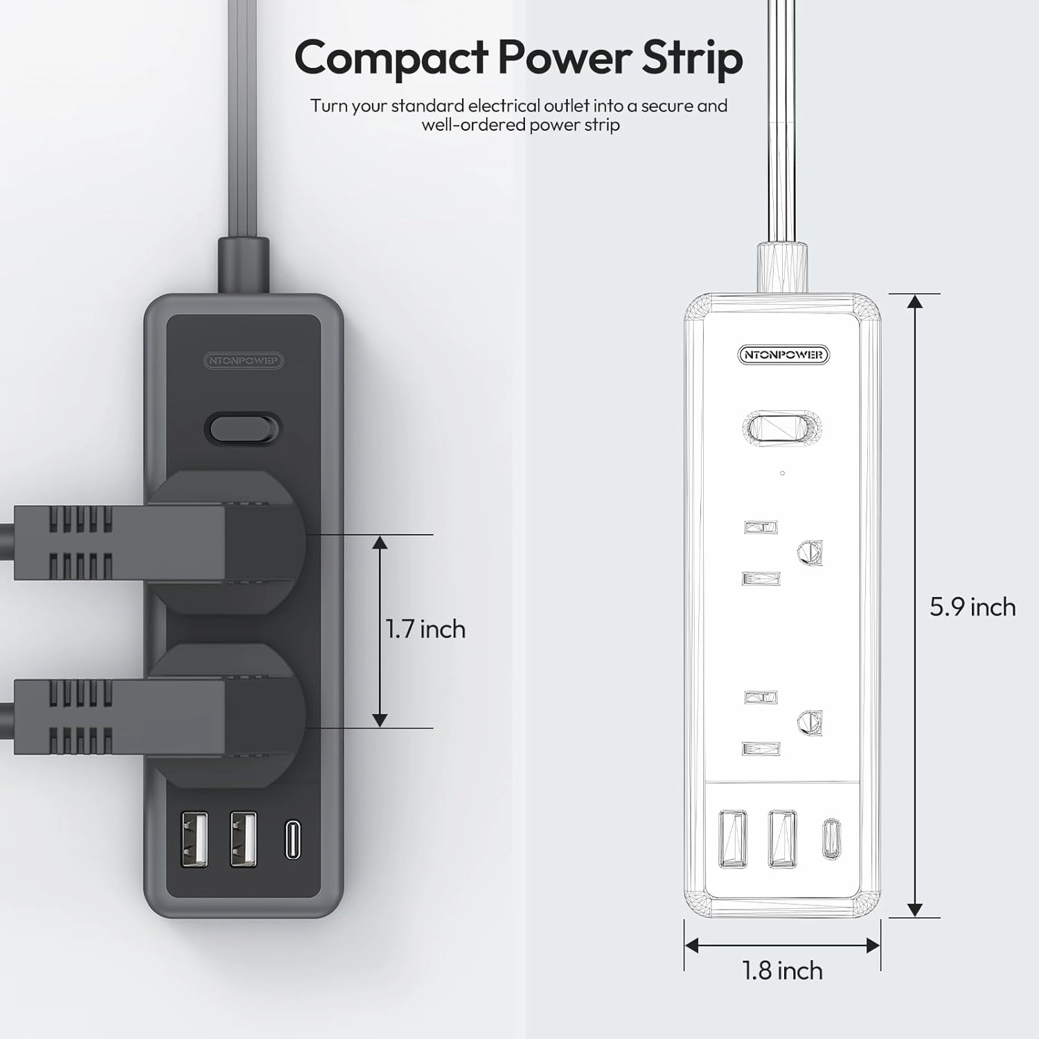 NTONPOWER Flat Extension Cord 10 ft, 1080 Joules Surge Protector Power Strip with 6 Widely Outlets 3 USB (1 USB C), Flat Plug Extension Cord Power Strip Long Cord for Home Office Dorm Room Essentials