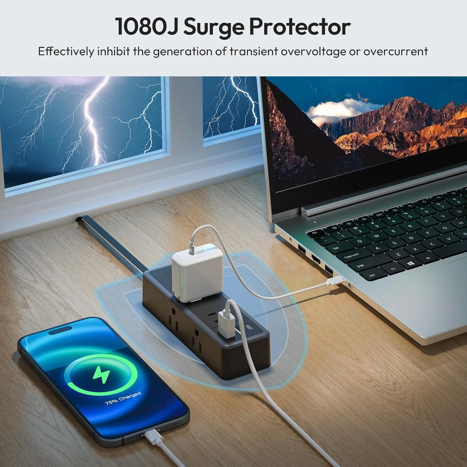 NTONPOWER Flat Extension Cord 10 ft, 1080 Joules Surge Protector Power Strip with 6 Widely Outlets 3 USB (1 USB C), Flat Plug Extension Cord Power Strip Long Cord for Home Office Dorm Room Essentials