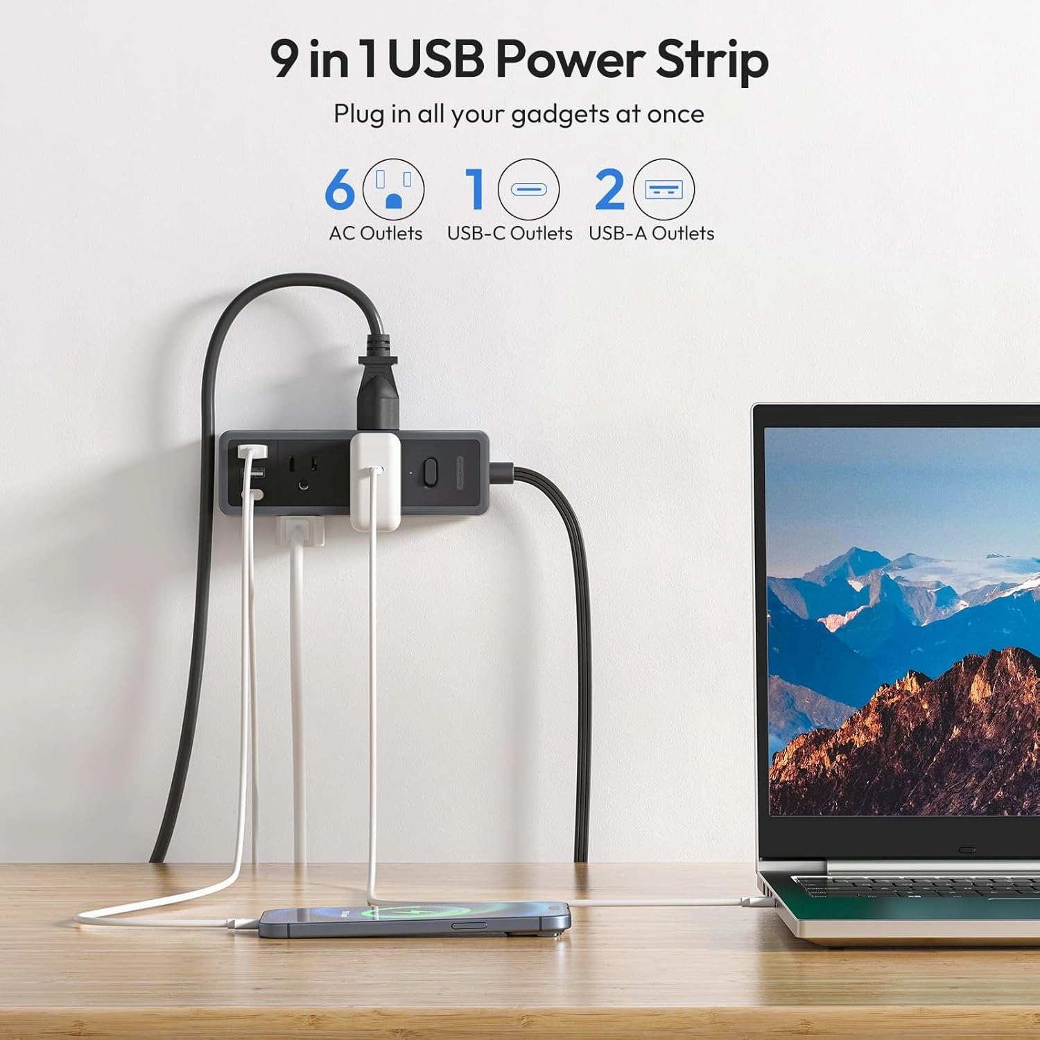 NTONPOWER Flat Extension Cord 10 ft, 1080 Joules Surge Protector Power Strip with 6 Widely Outlets 3 USB (1 USB C), Flat Plug Extension Cord Power Strip Long Cord for Home Office Dorm Room Essentials