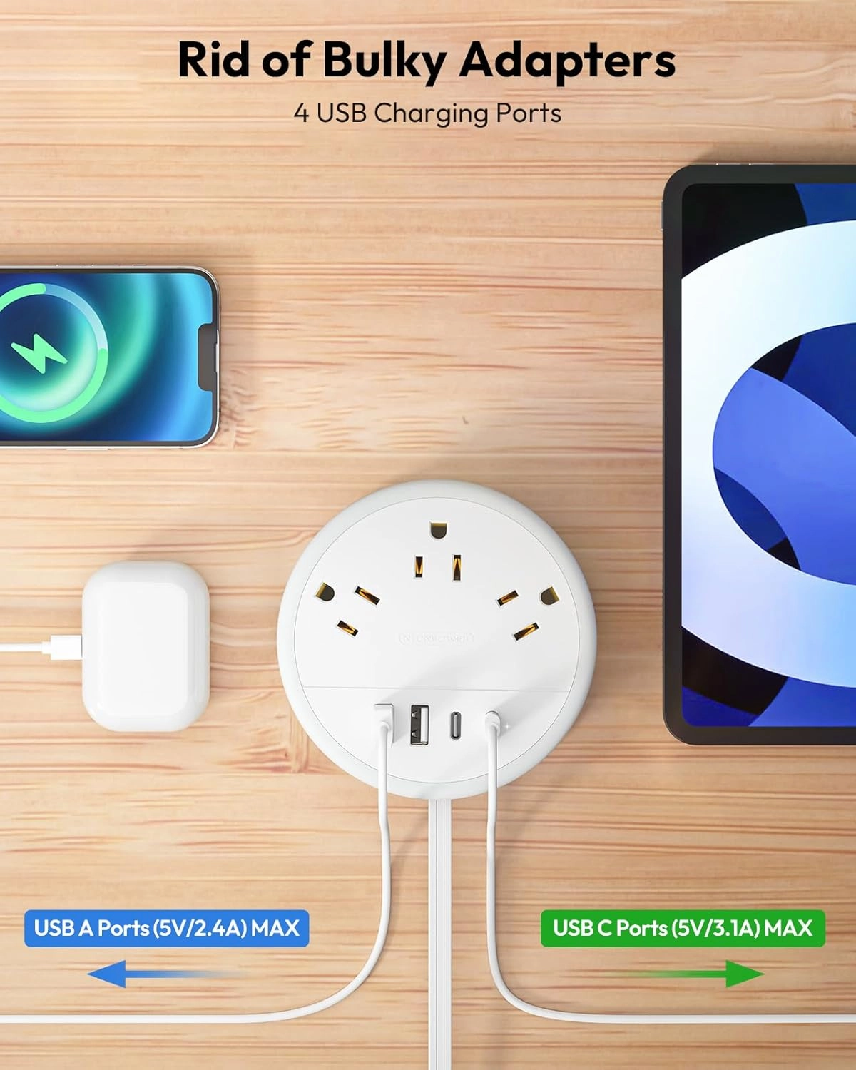 NTONPOWER Travel Power Strip, Travel Essentials, Travel Extension Cord with 3 Outlets 4 USB Ports(2 USB C), 4FT Wrapped Around Extension Cord for Travel Cruise Ship Beach Vacation Essentials White
