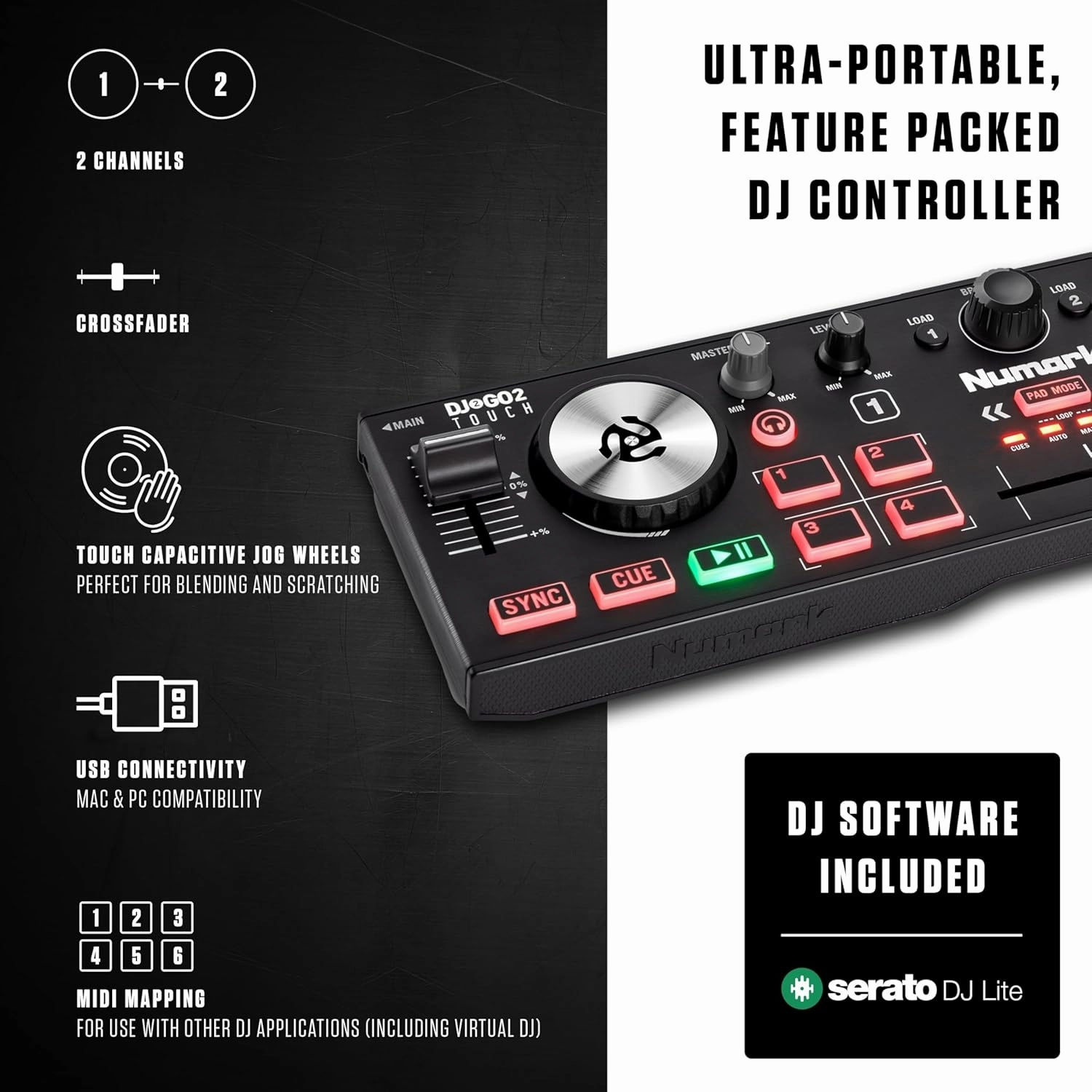 Numark DJ2GO2 Touch  Compact 2 Deck USB DJ Controller For Serato DJ with a Mixer / Crossfader, Audio Interface and Touch Capacitive Jog Wheels,Black