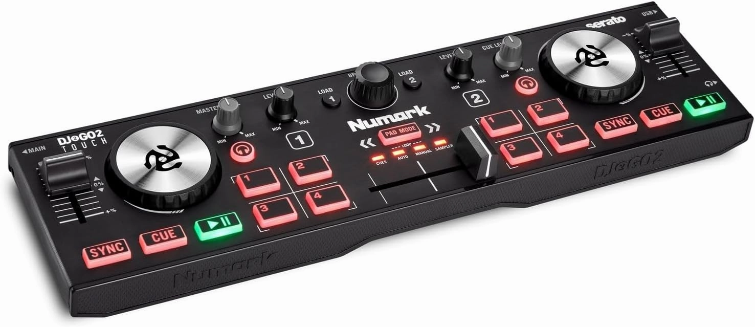 Numark DJ2GO2 Touch  Compact 2 Deck USB DJ Controller For Serato DJ with a Mixer / Crossfader, Audio Interface and Touch Capacitive Jog Wheels,Black audio interface,USB interface,music recording input,