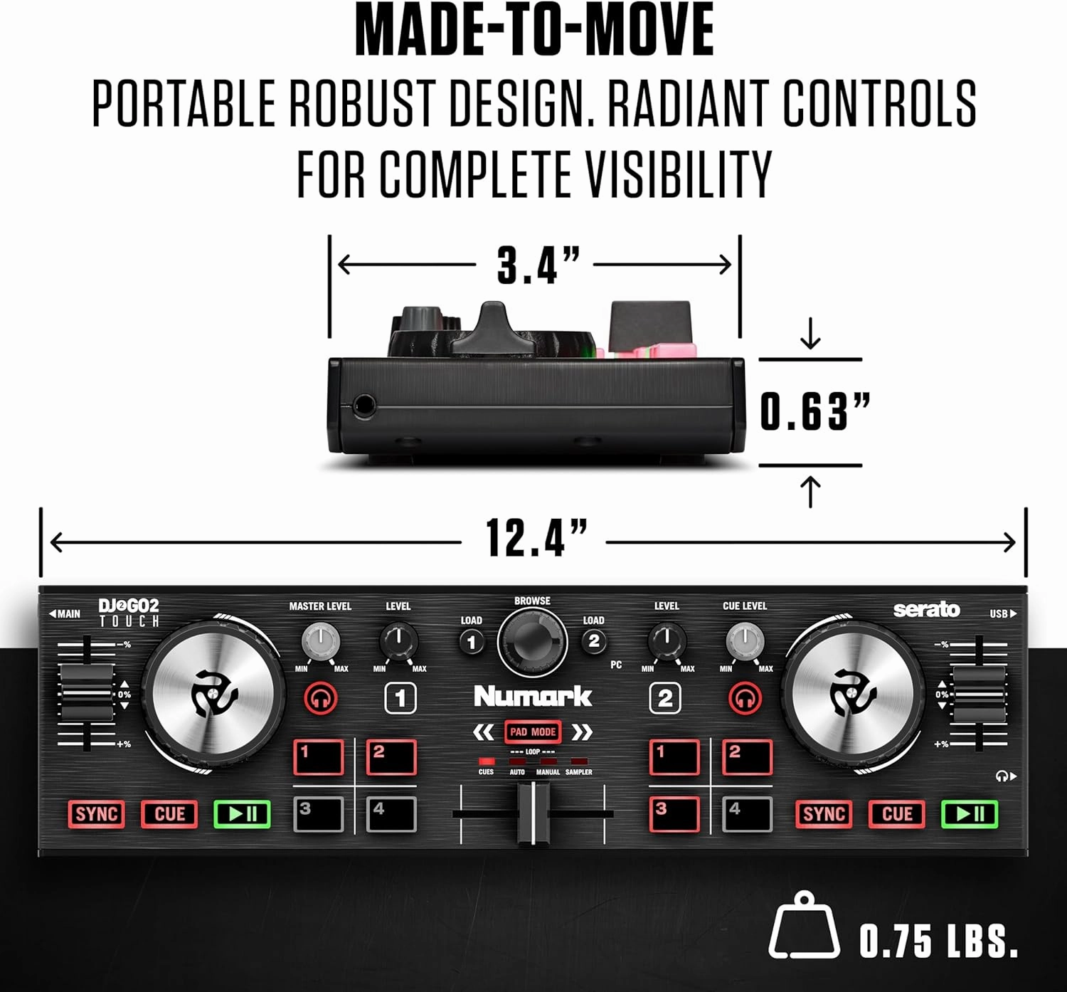 Numark DJ2GO2 Touch  Compact 2 Deck USB DJ Controller For Serato DJ with a Mixer / Crossfader, Audio Interface and Touch Capacitive Jog Wheels,Black