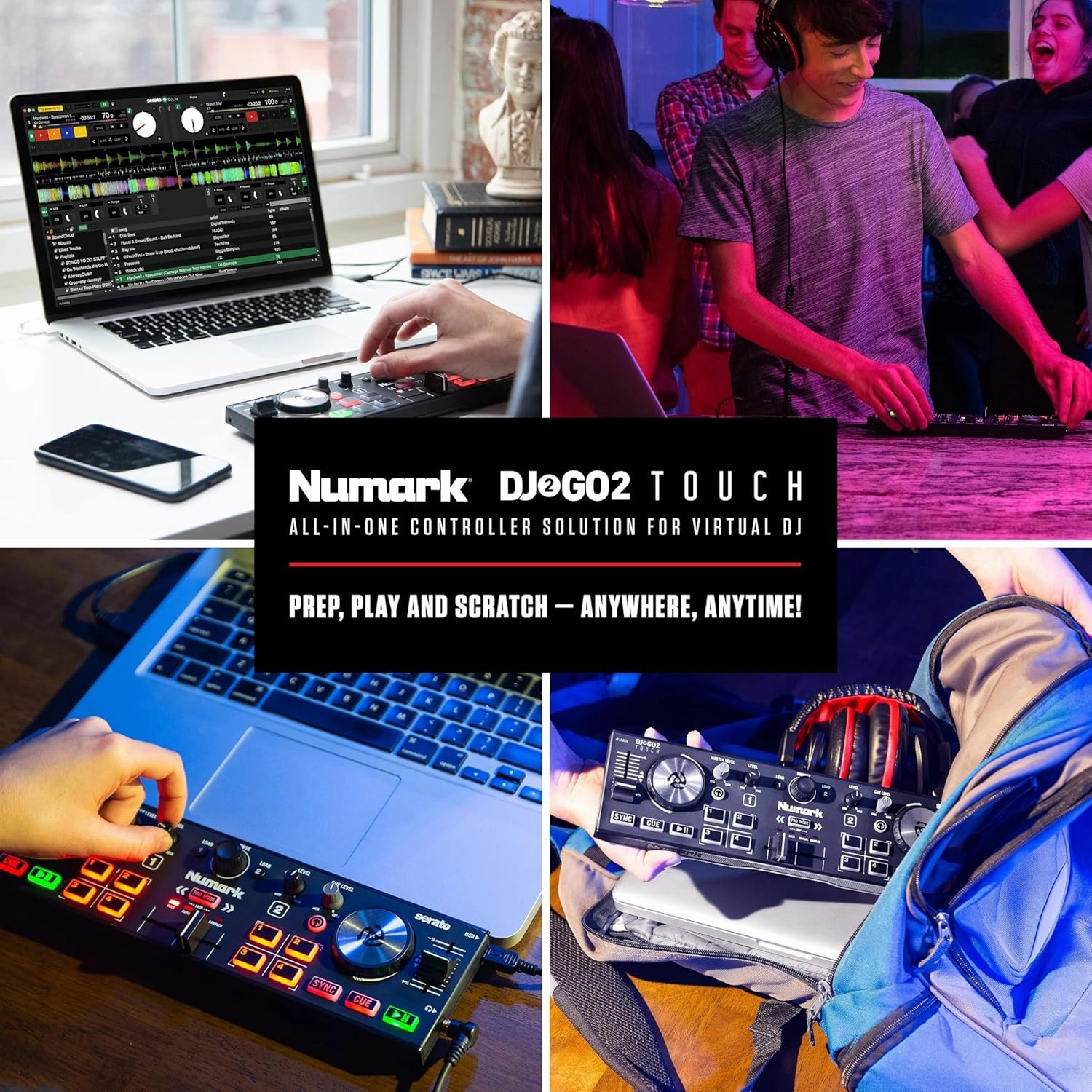 Numark DJ2GO2 Touch  Compact 2 Deck USB DJ Controller For Serato DJ with a Mixer / Crossfader, Audio Interface and Touch Capacitive Jog Wheels,Black