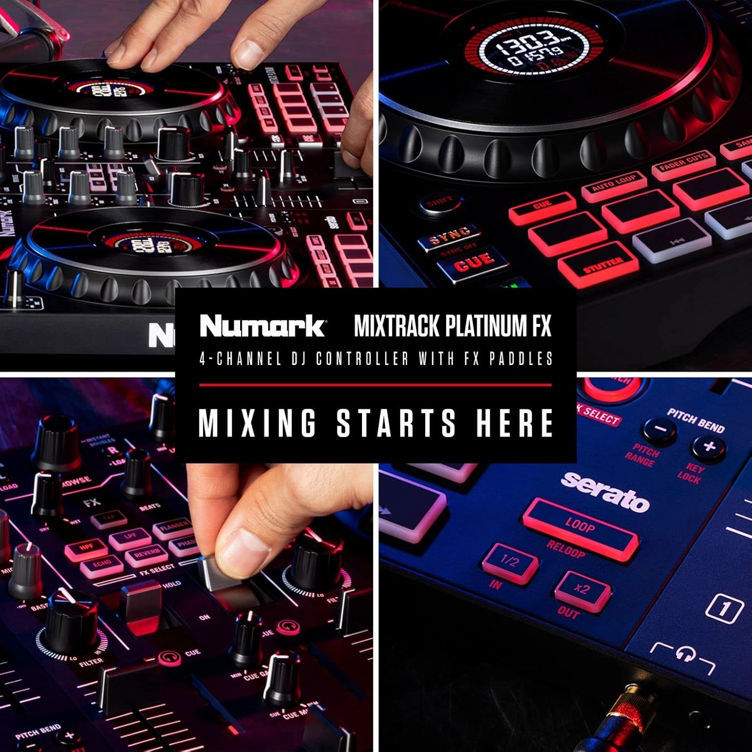 Numark Mixtrack Platinum Serato Control, DJ Mixer, Built-in Audio Interface, FX Paddles, 4 Decks   Jog Wheel Displays