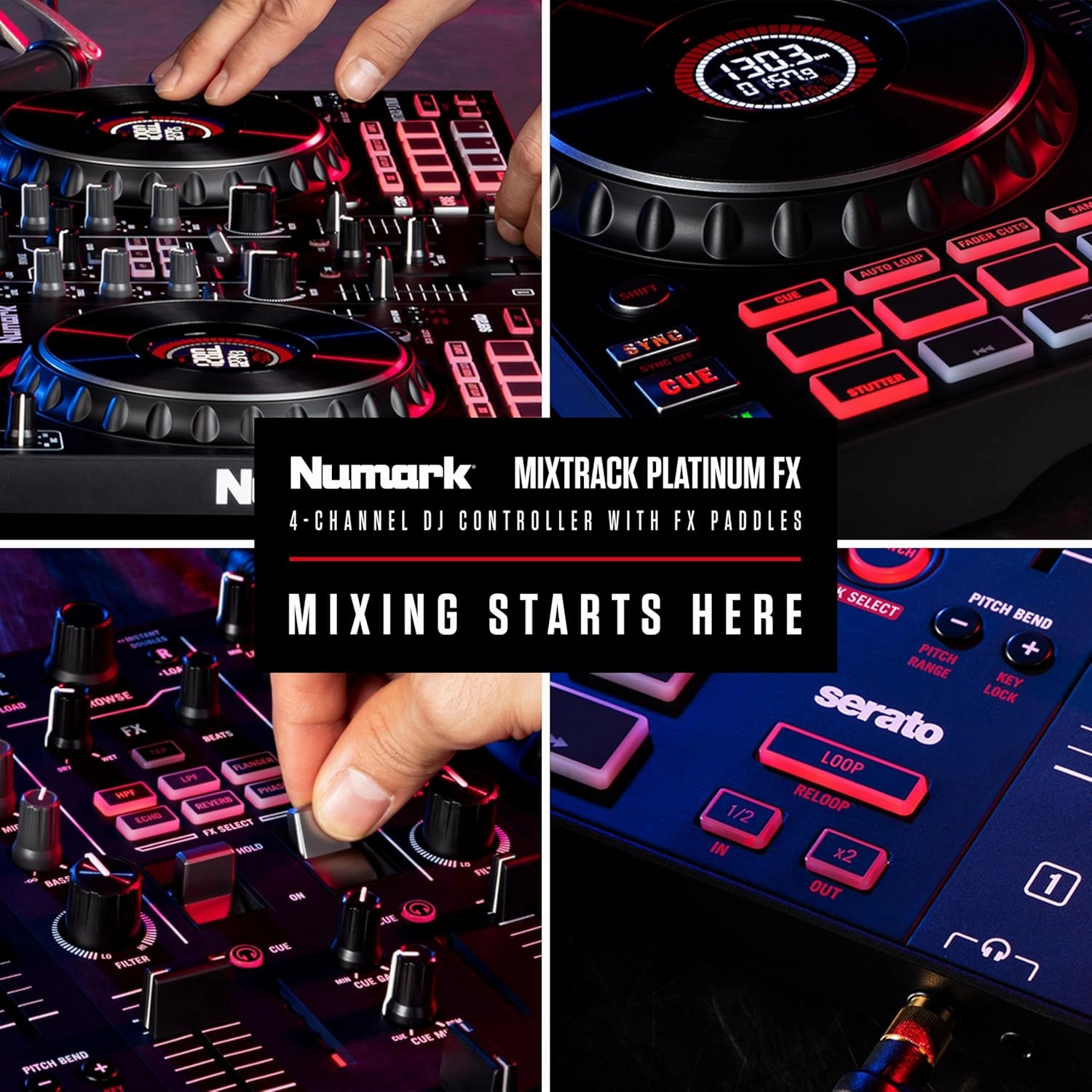 Numark Mixtrack Platinum Serato Control, DJ Mixer, Built-in Audio Interface, FX Paddles, 4 Decks   Jog Wheel Displays