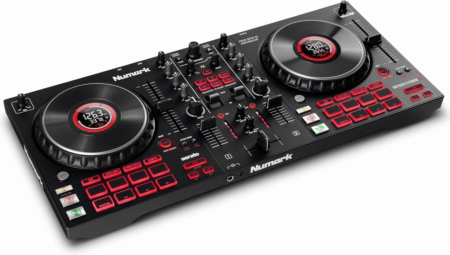 Numark Mixtrack Platinum Serato Control, DJ Mixer, Built-in Audio Interface, FX Paddles, 4 Decks   Jog Wheel Displays mixer console,audio mixing desk,DJ console,