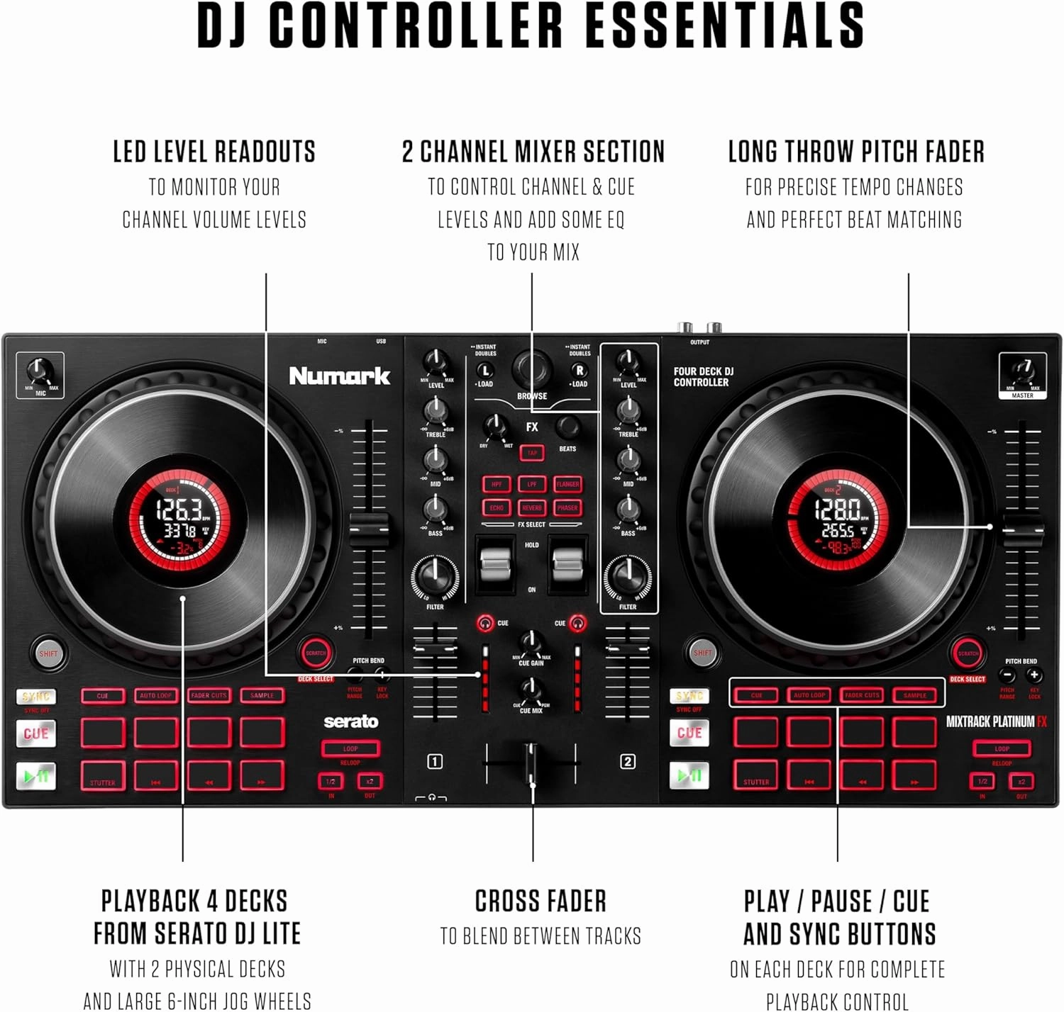 Numark Mixtrack Platinum Serato Control, DJ Mixer, Built-in Audio Interface, FX Paddles, 4 Decks   Jog Wheel Displays