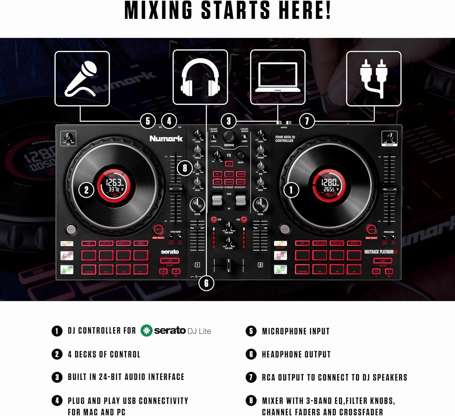 Numark Mixtrack Platinum Serato Control, DJ Mixer, Built-in Audio Interface, FX Paddles, 4 Decks   Jog Wheel Displays
