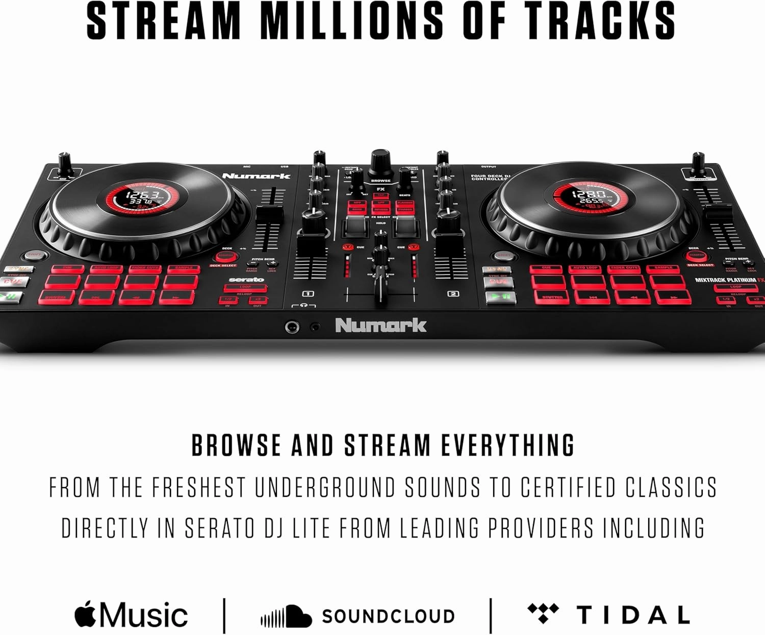 Numark Mixtrack Platinum Serato Control, DJ Mixer, Built-in Audio Interface, FX Paddles, 4 Decks   Jog Wheel Displays