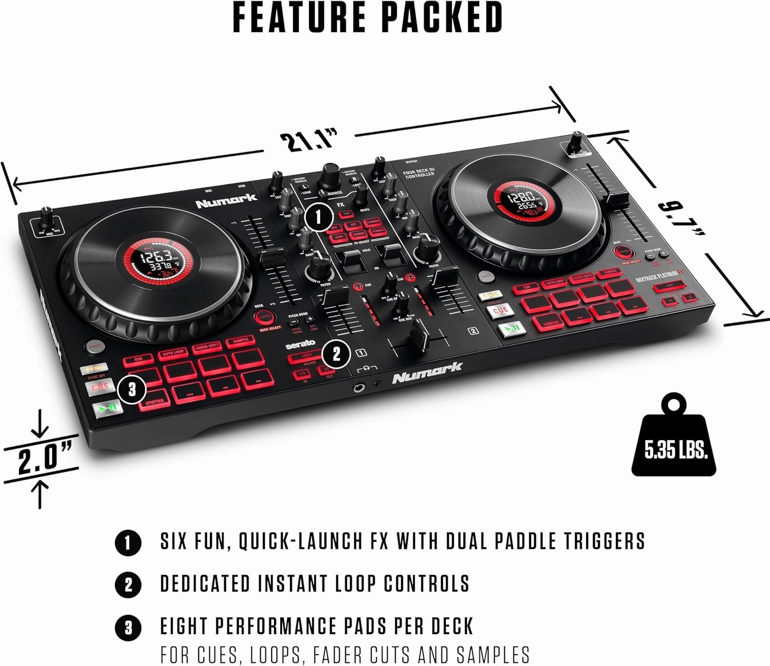 Numark Mixtrack Platinum Serato Control, DJ Mixer, Built-in Audio Interface, FX Paddles, 4 Decks   Jog Wheel Displays