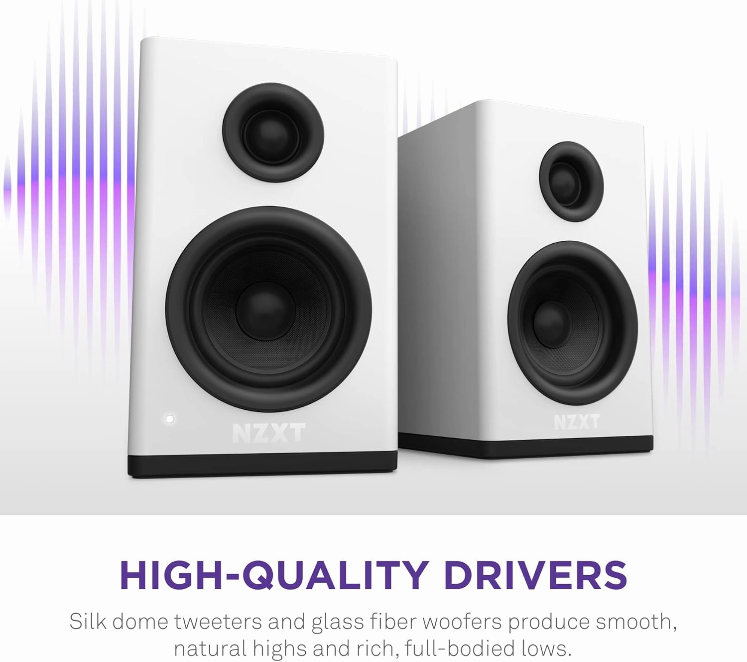 NZXT Relay PC Gaming Desktop Speakers - AP-SPKW2-US - Bookshelf-Style Design - 80 Watts - High Dynamic Range - Silk Dome Tweeters - Glass Fiber Woofers - White