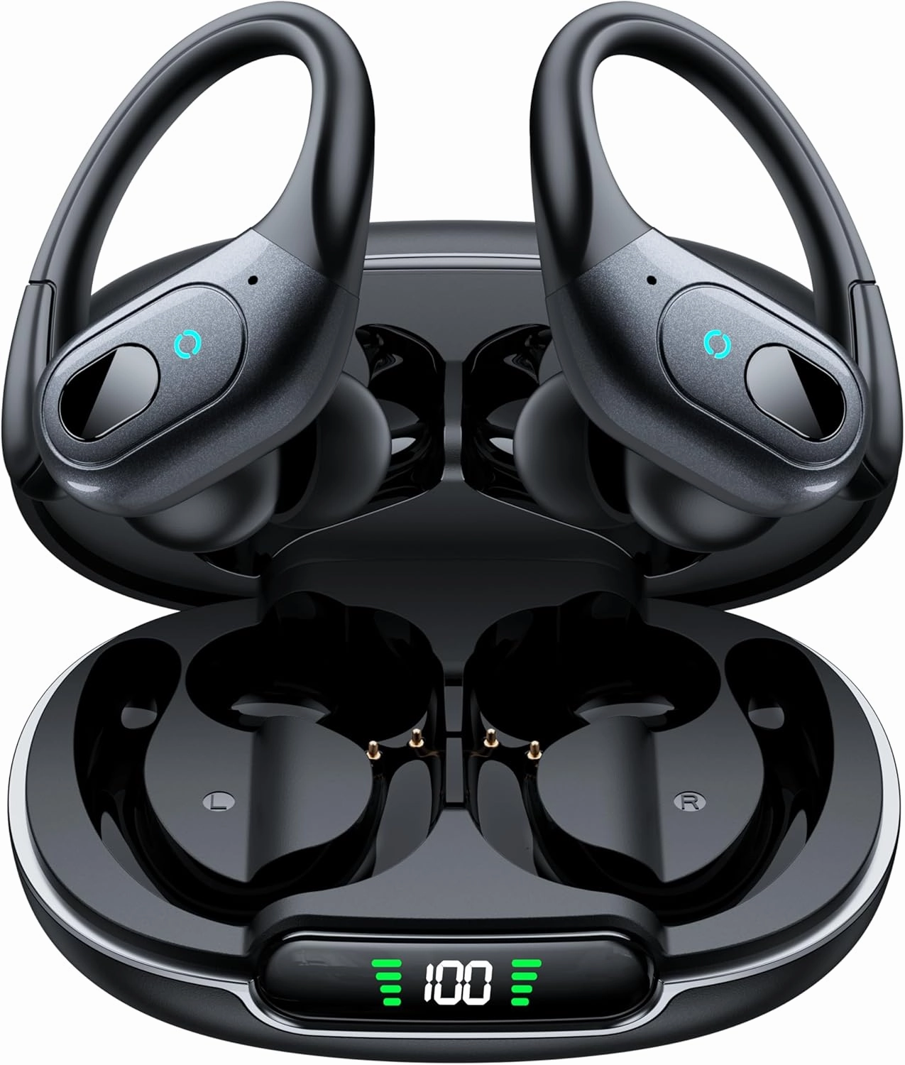 occiam Wireless Earbuds Bluetooth 5.3 Sport Headphonese with LED Charging Case, 90H Playback Sweatproof Over Ear Running Ear Buds with Earhooks Workout Earphones for iOS Android,Black over-ear headphones,closed back headphones,wireless studio cans,