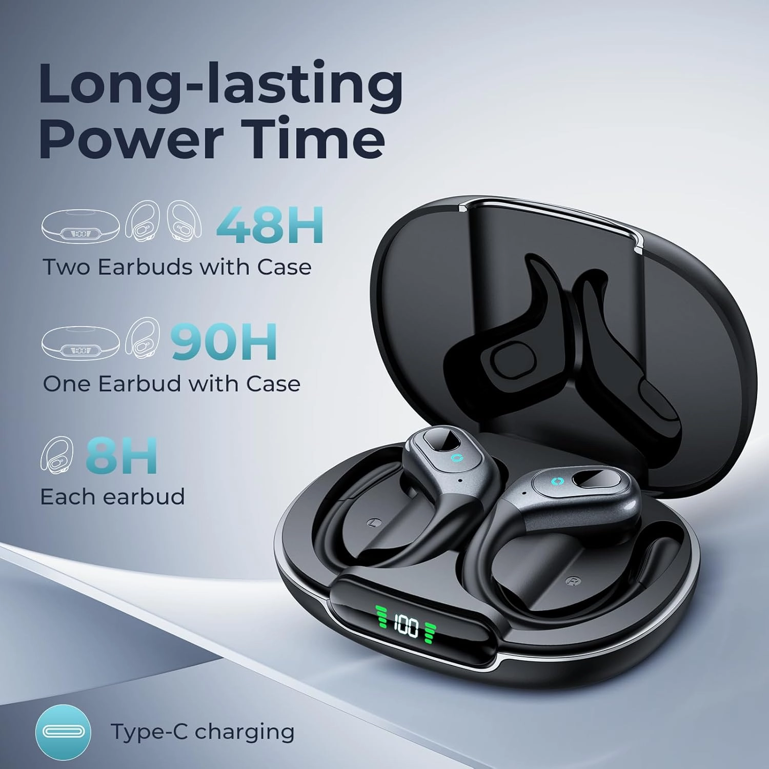 occiam Wireless Earbuds Bluetooth 5.3 Sport Headphonese with LED Charging Case, 90H Playback Sweatproof Over Ear Running Ear Buds with Earhooks Workout Earphones for iOS Android,Black
