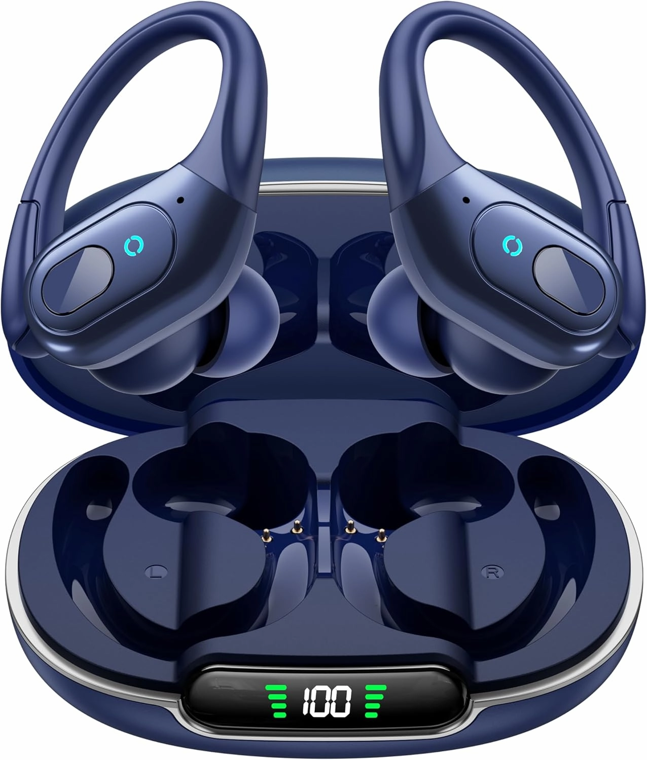 occiam Wireless Earbuds Bluetooth 5.3 Sport Headphonese with LED Charging Case, 90H Playback Sweatproof Over Ear Running Ear Buds with Earhooks Workout Earphones for iOS Android,Deep Blue over-ear headphones,closed back headphones,wireless studio cans,