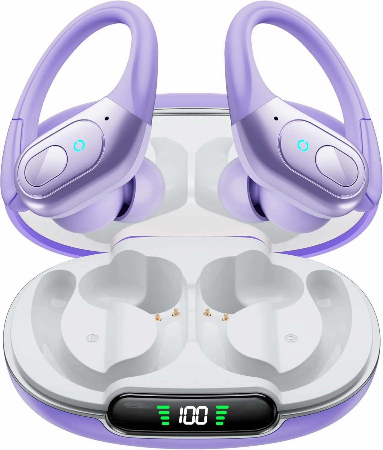 occiam Wireless Earbuds Bluetooth 5.3 Sport Headphonese with LED Charging Case, 90H Playback Sweatproof Over Ear Running Ear Buds with Earhooks Workout Earphones for iOS Android,Purple over-ear headphones,closed back headphones,wireless studio cans,
