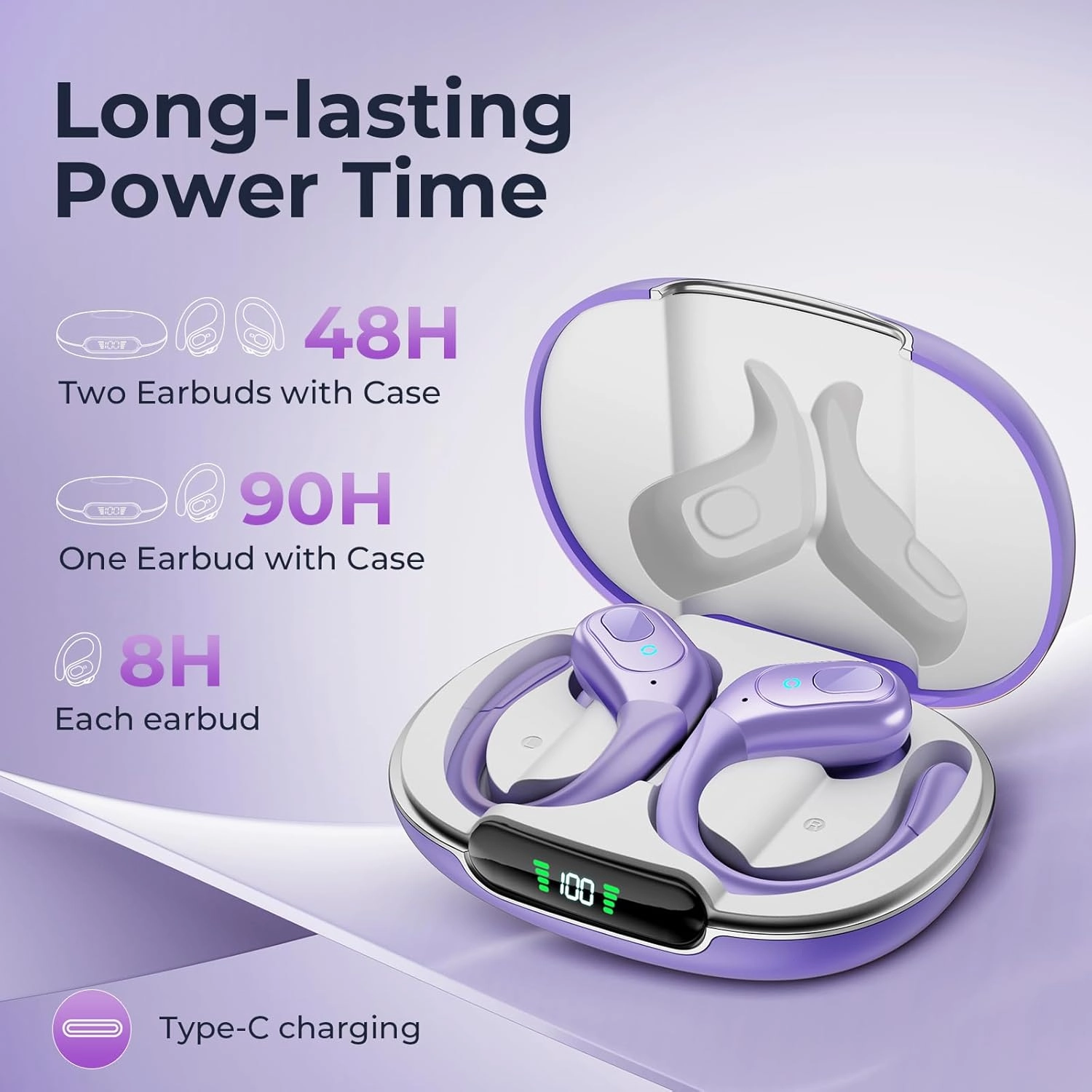 occiam Wireless Earbuds Bluetooth 5.3 Sport Headphonese with LED Charging Case, 90H Playback Sweatproof Over Ear Running Ear Buds with Earhooks Workout Earphones for iOS Android,Purple