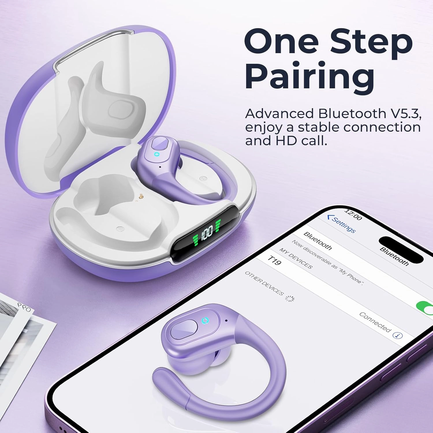 occiam Wireless Earbuds Bluetooth 5.3 Sport Headphonese with LED Charging Case, 90H Playback Sweatproof Over Ear Running Ear Buds with Earhooks Workout Earphones for iOS Android,Purple