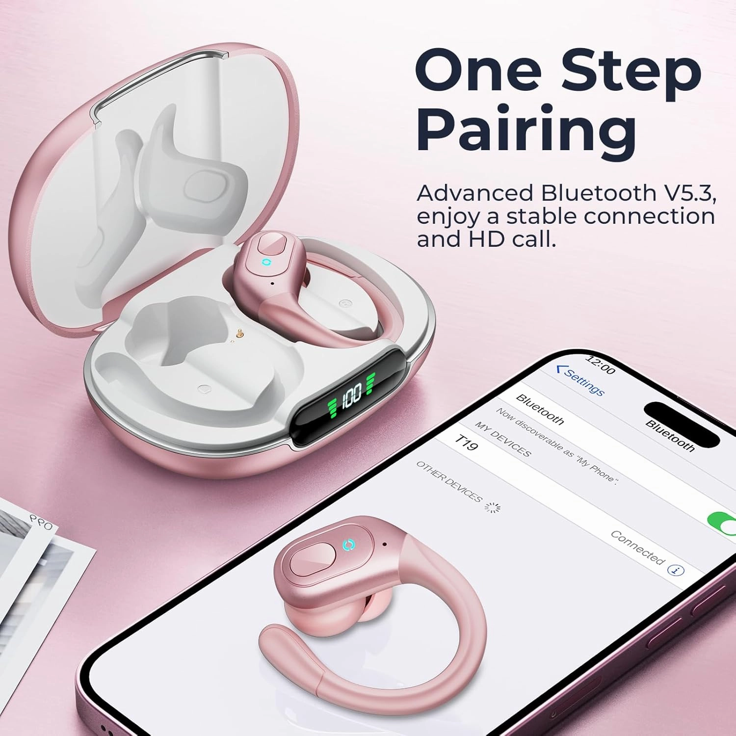 occiam Wireless Earbuds Bluetooth Headphones 90H Playback Sport Ear Buds with Earhook LED Display Charging Case in Ear Sweatproof Running Earphones for Workout iOS Android Cellphone,Rose Gold