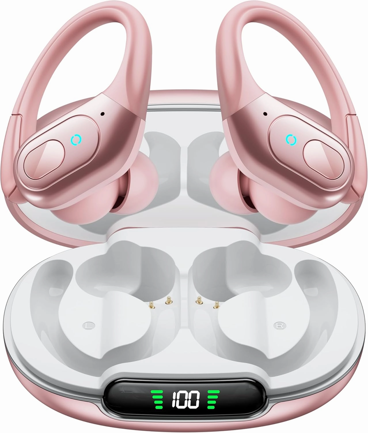 occiam Wireless Earbuds Bluetooth Headphones 90H Playback Sport Ear Buds with Earhook LED Display Charging Case in Ear Sweatproof Running Earphones for Workout iOS Android Cellphone,Rose Gold wireless earbuds,Bluetooth earphones,true wireless stereo,