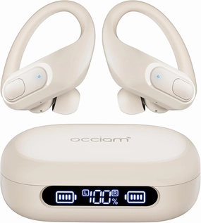occiam Wireless Earbuds Bluetooth Headphones 96Hrs Playback Sport Ear Buds with Earhooks Microphone in-Ear Earphones Stereo Sound for Laptop Pad Phones Workout Running Exercise Gym (Ivory, M) TWS earbuds,compact wireless buds,Bluetooth ear tips,