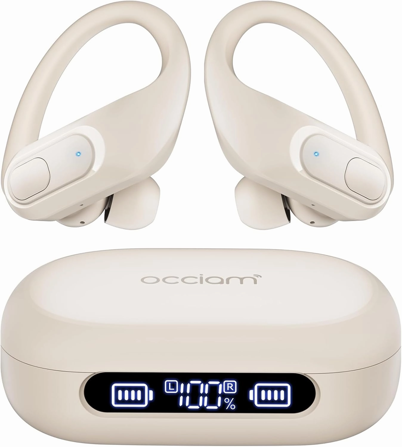 occiam Wireless Earbuds Bluetooth Headphones 96Hrs Playback Sport Ear Buds with Earhooks Microphone in-Ear Earphones Stereo Sound for Laptop Pad Phones Workout Running Exercise Gym (Ivory, M) TWS earbuds,compact wireless buds,Bluetooth ear tips,