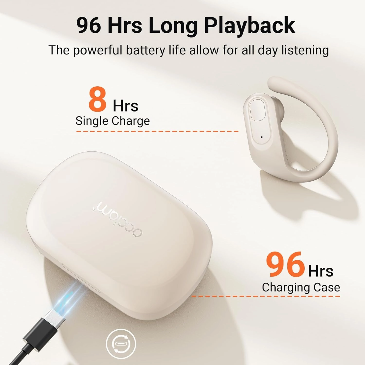 occiam Wireless Earbuds Bluetooth Headphones 96Hrs Playback Sport Ear Buds with Earhooks Microphone in-Ear Earphones Stereo Sound for Laptop Pad Phones Workout Running Exercise Gym (Ivory, M)