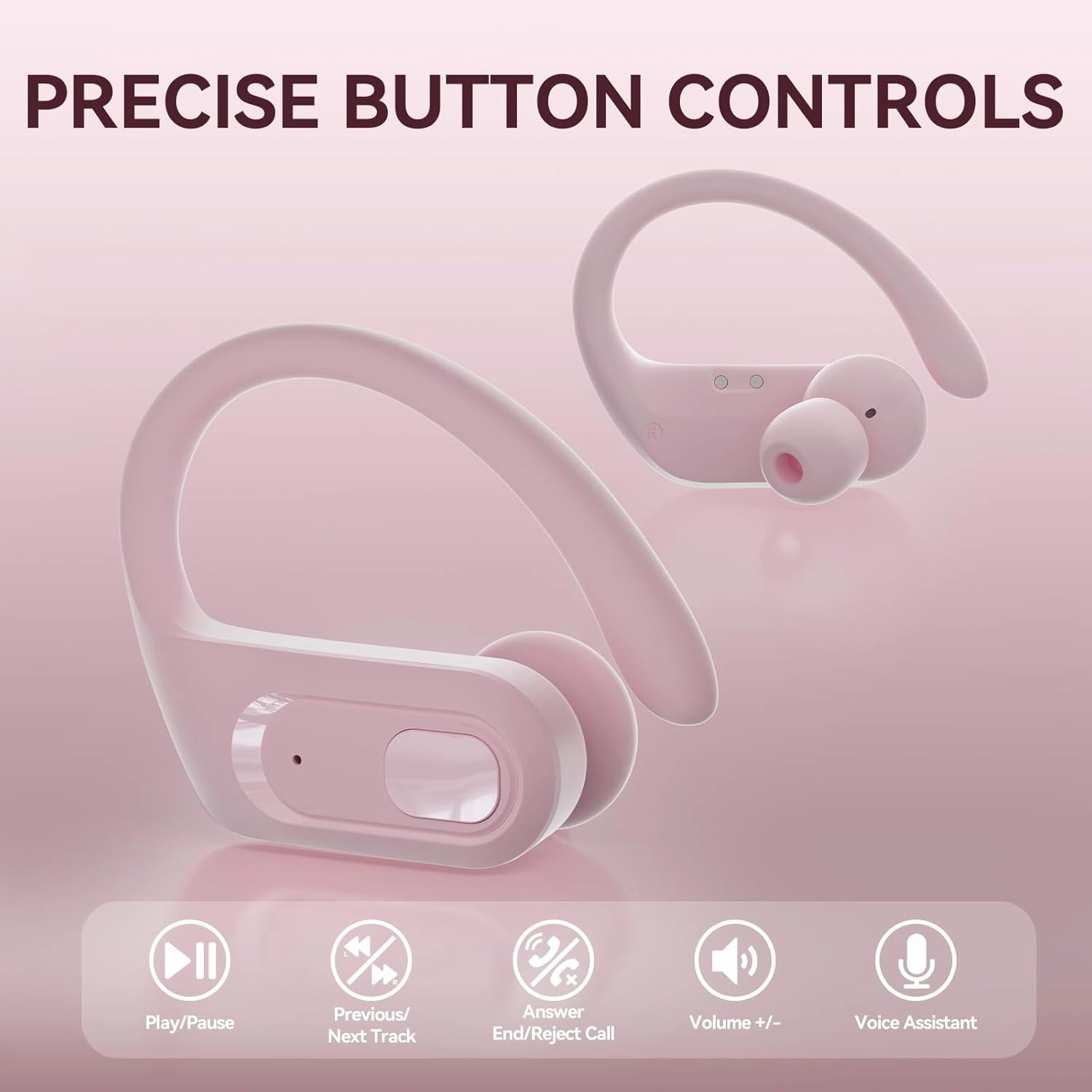 occiam Wireless Earbuds Bluetooth Headphones Ear Buds 96Hrs Playback Sport Over-Ear Waterproof Wireless Headphones Earphones with Earhooks ENC Mics Clear Call for Sport Running Workout Dusty Pink